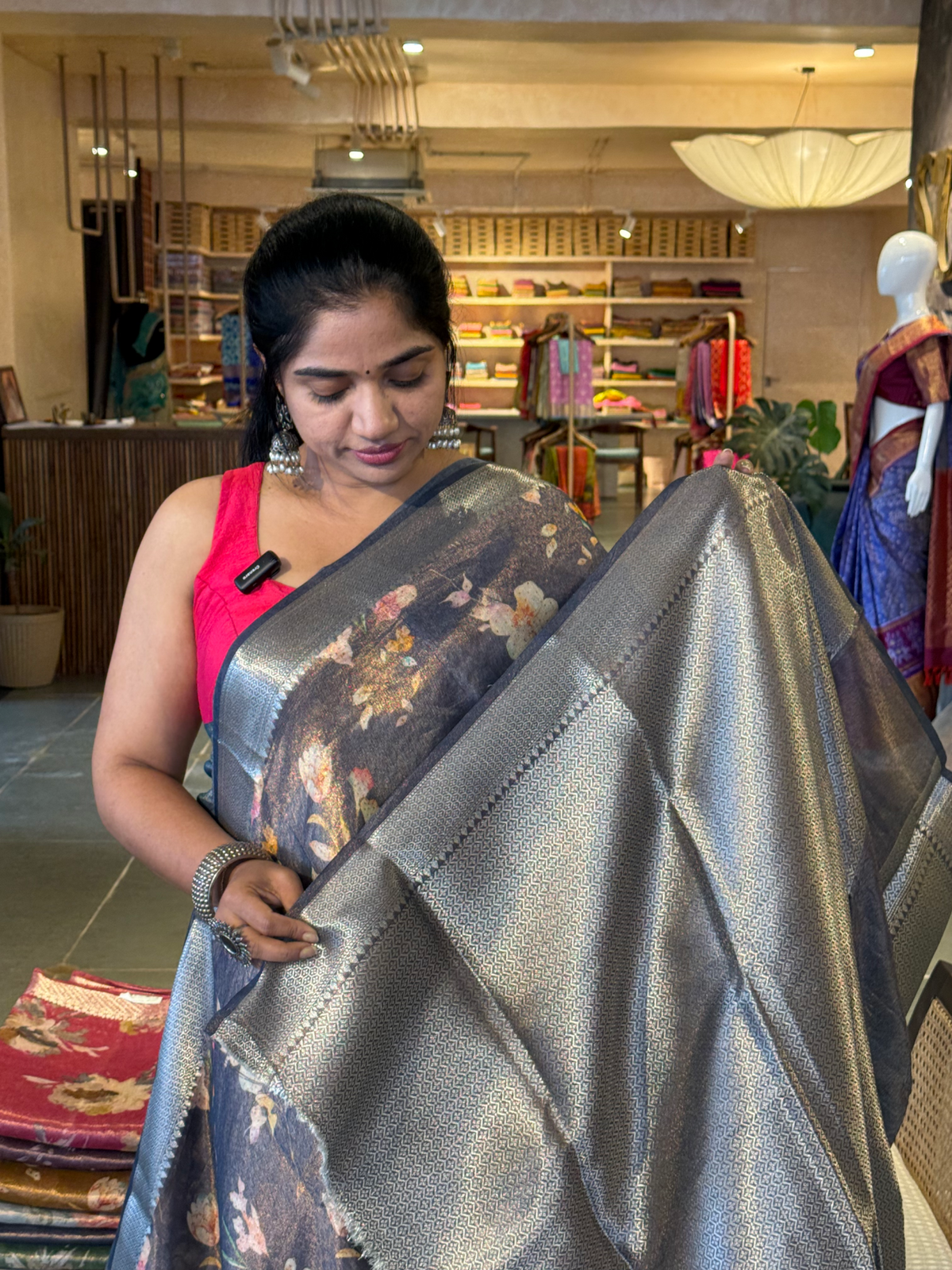 Midnight blue Banarasi Floral Printed Cotton Tissue with brocade pallu & blouse