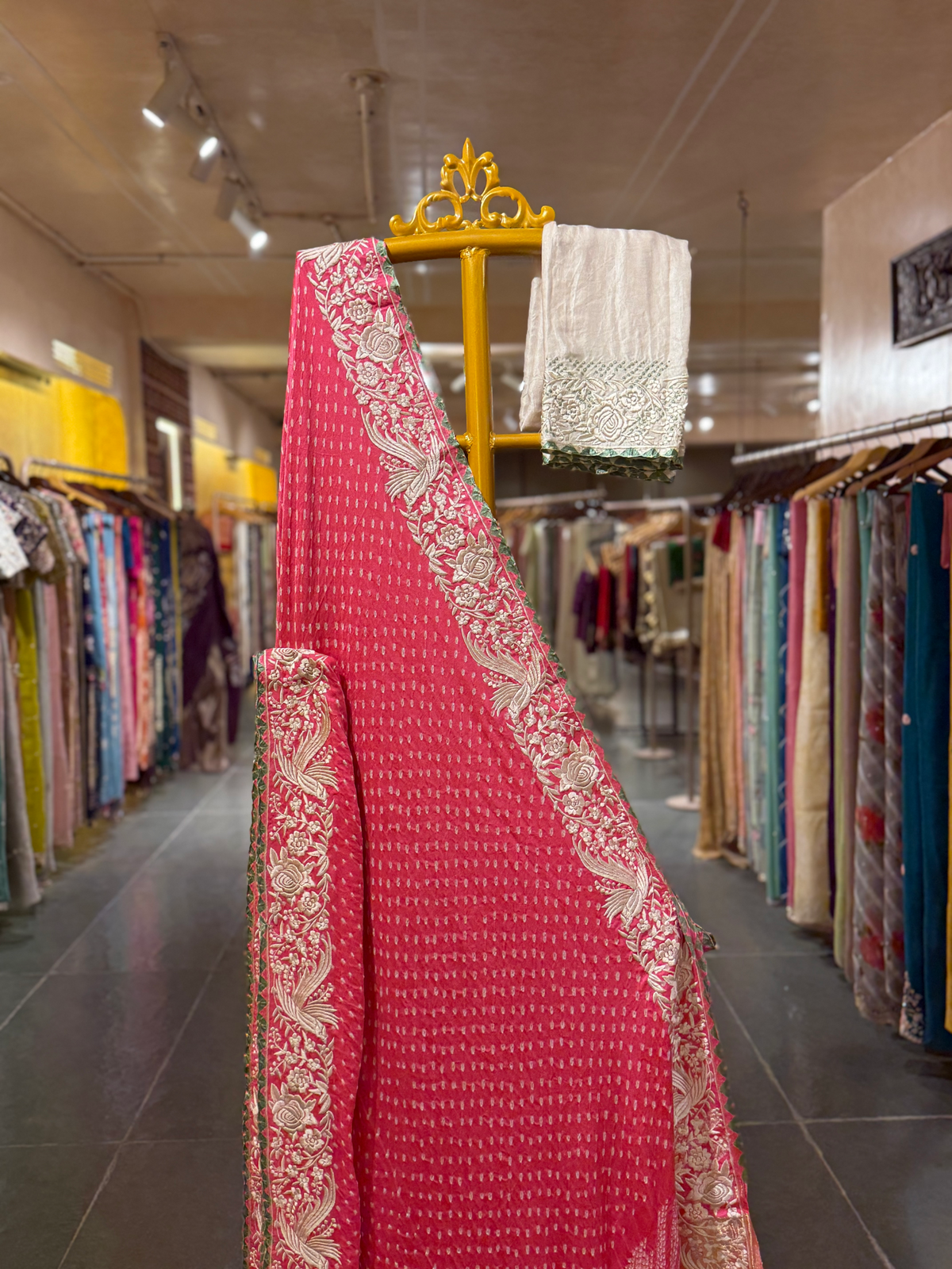 Neon Pink Pure Gajji Silk Kutch Bandhej Saree with Parsi Gara Embroidery