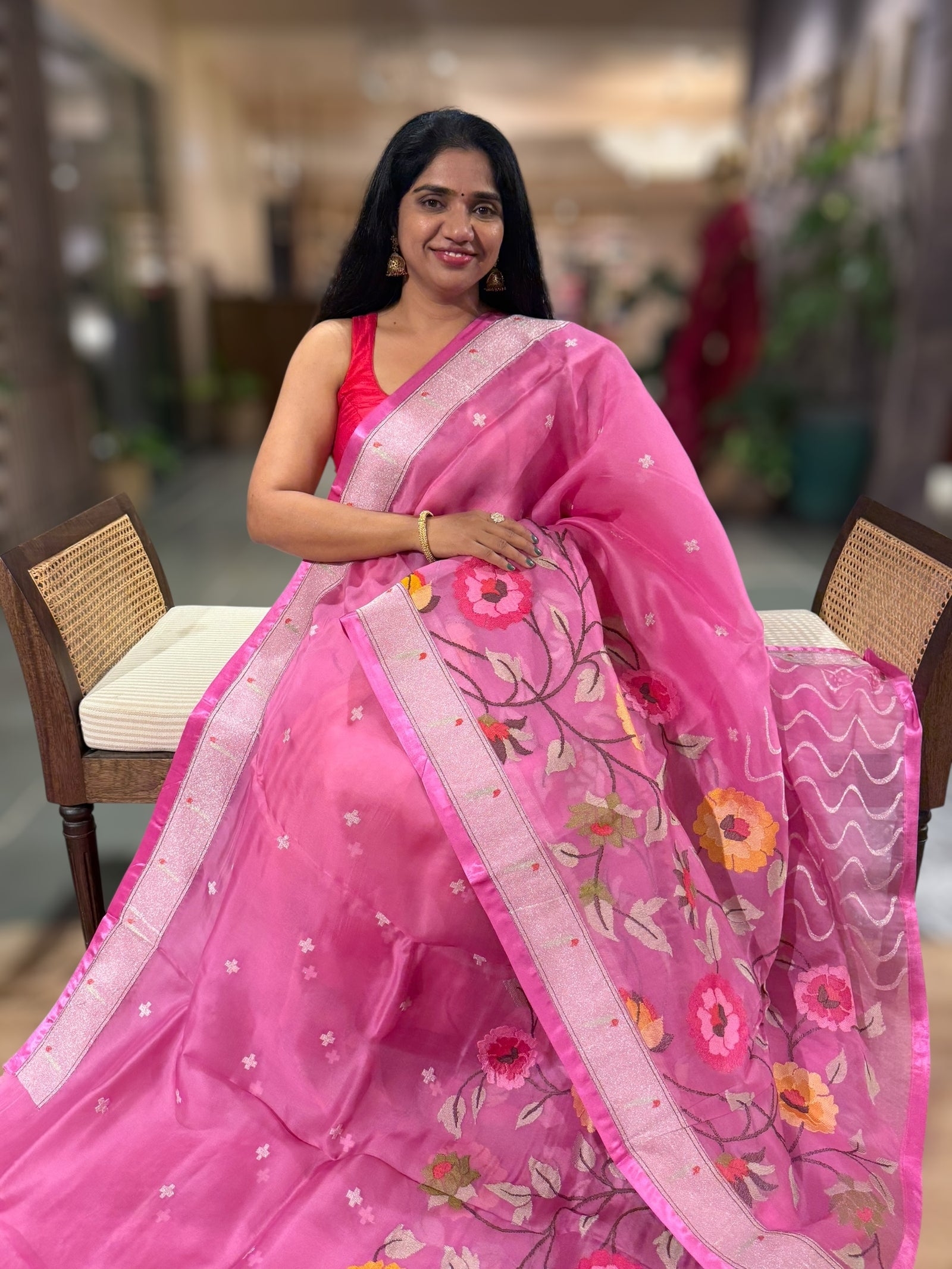 Light Rose Pink Organza Silk Saree With Jamdani Inspired Embroidery