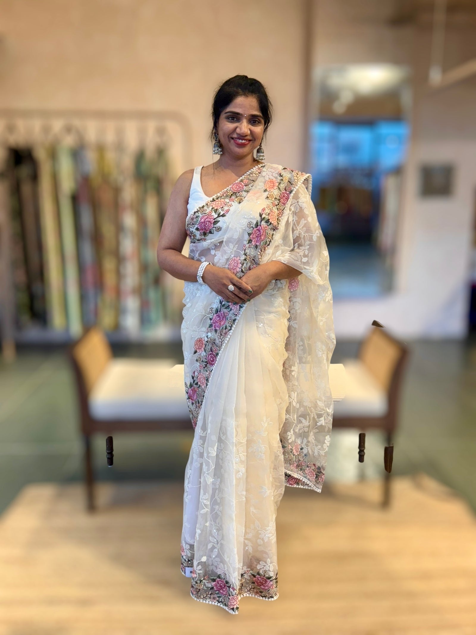Ivory Organza Saree with Allover Floral Sequence Work & Parsi Embroidered Border