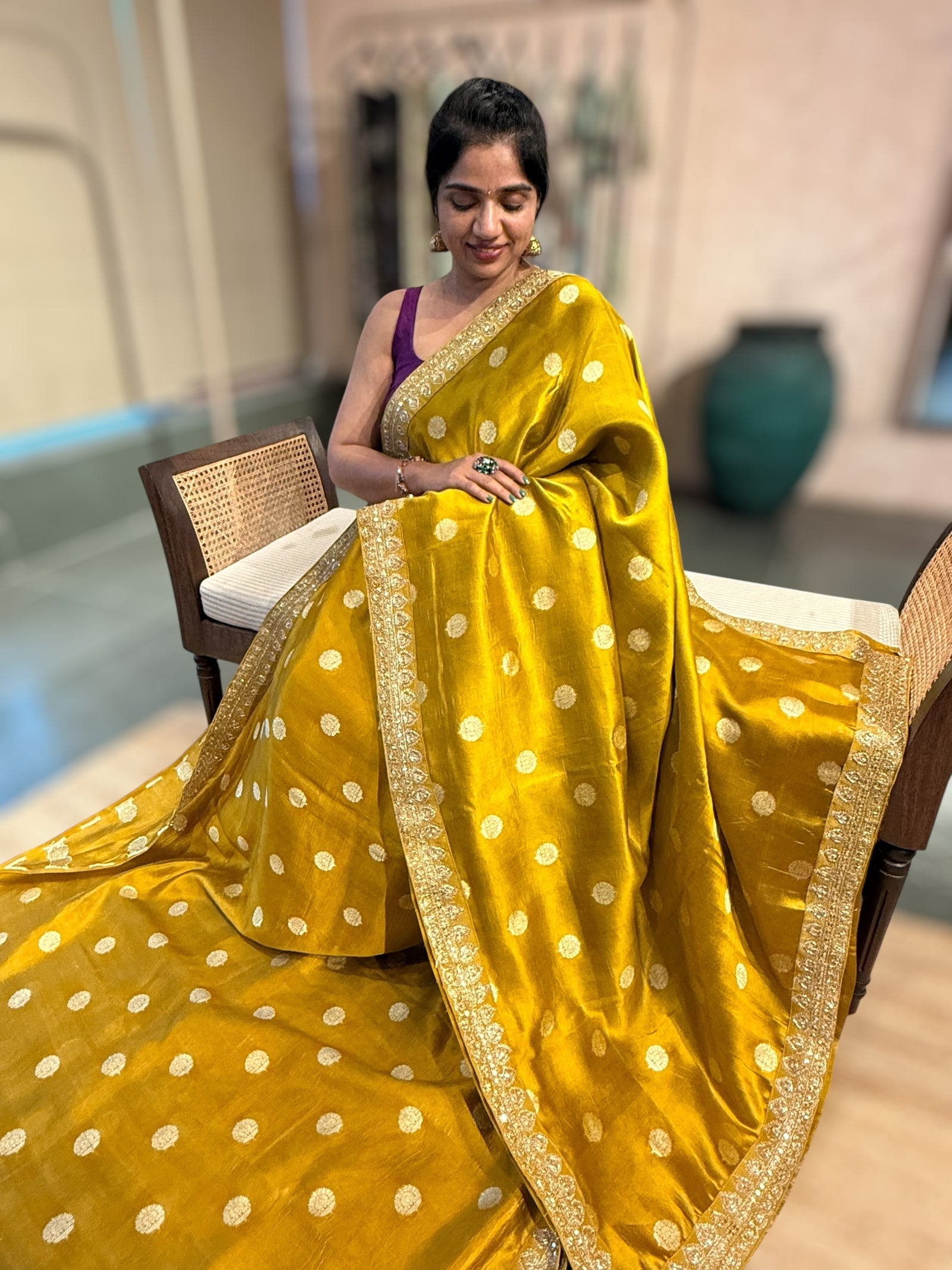 Olive Pure Handloom Banarasi Silk Saree With Handwork Borders and Blouse