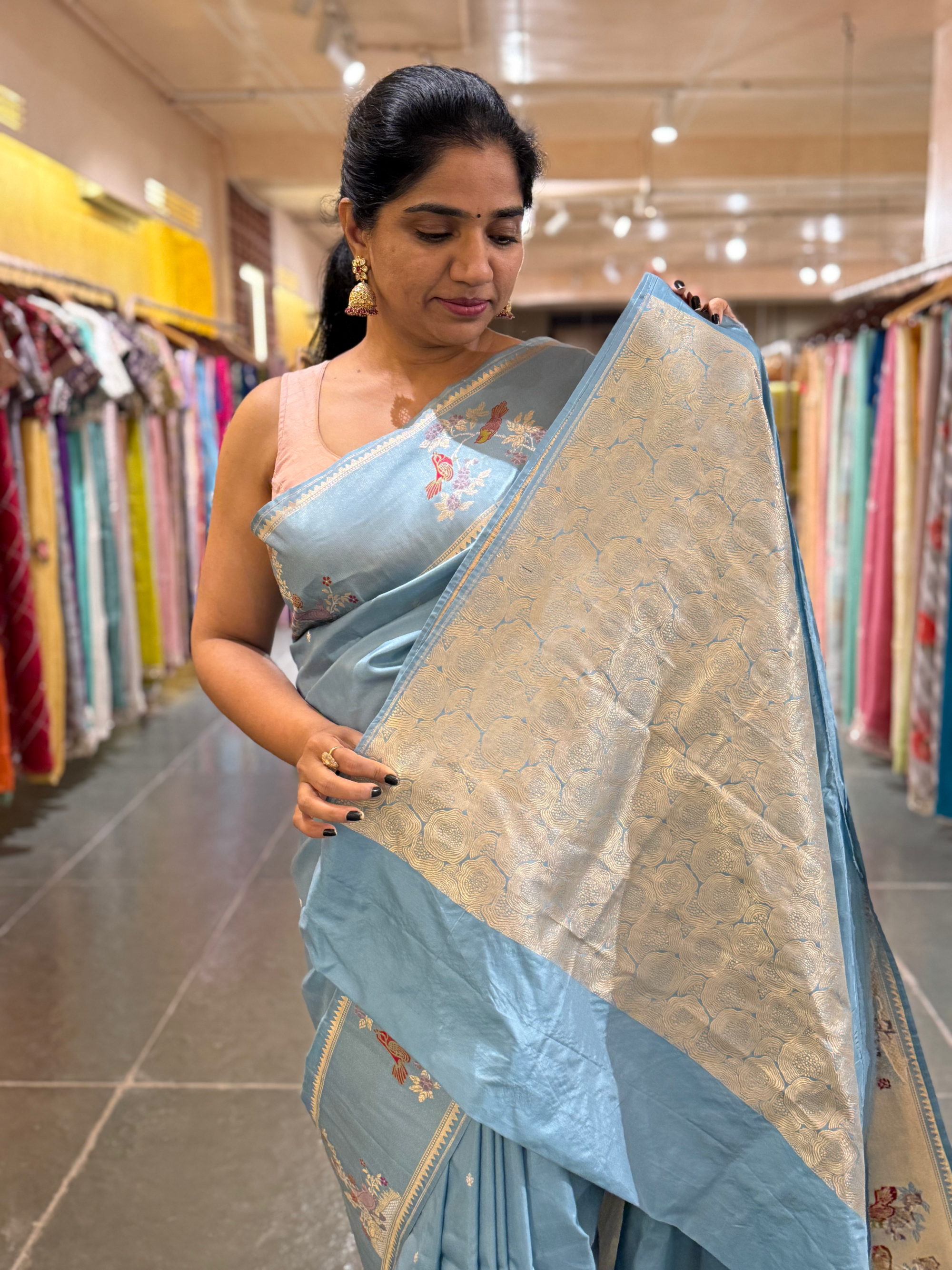 Dusty Blue Designer Banarasi Silk Saree