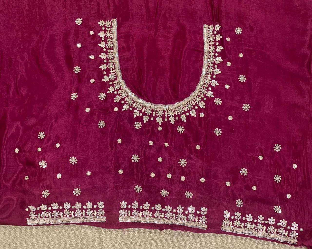Wine Satin Gorgette Saree with Handwork border and blouse and allover zari butis