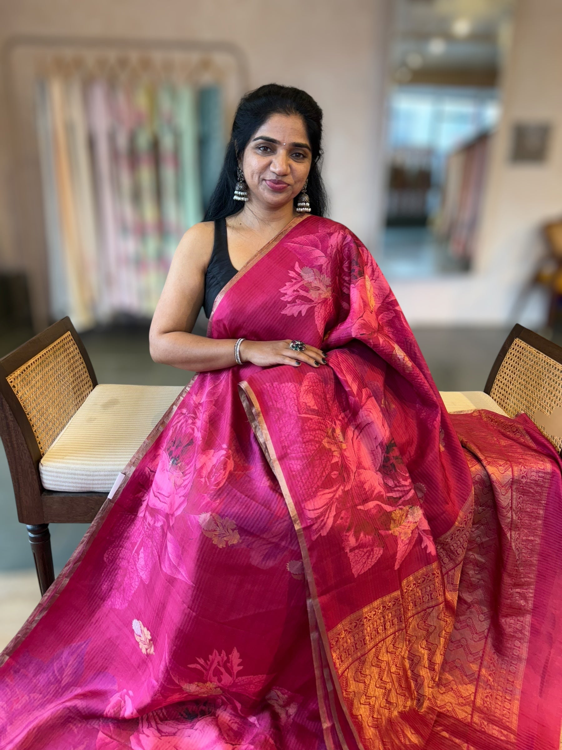 Ruby Pink Kanchi Soft Silk Saree With Statement 3D Rose Print allover