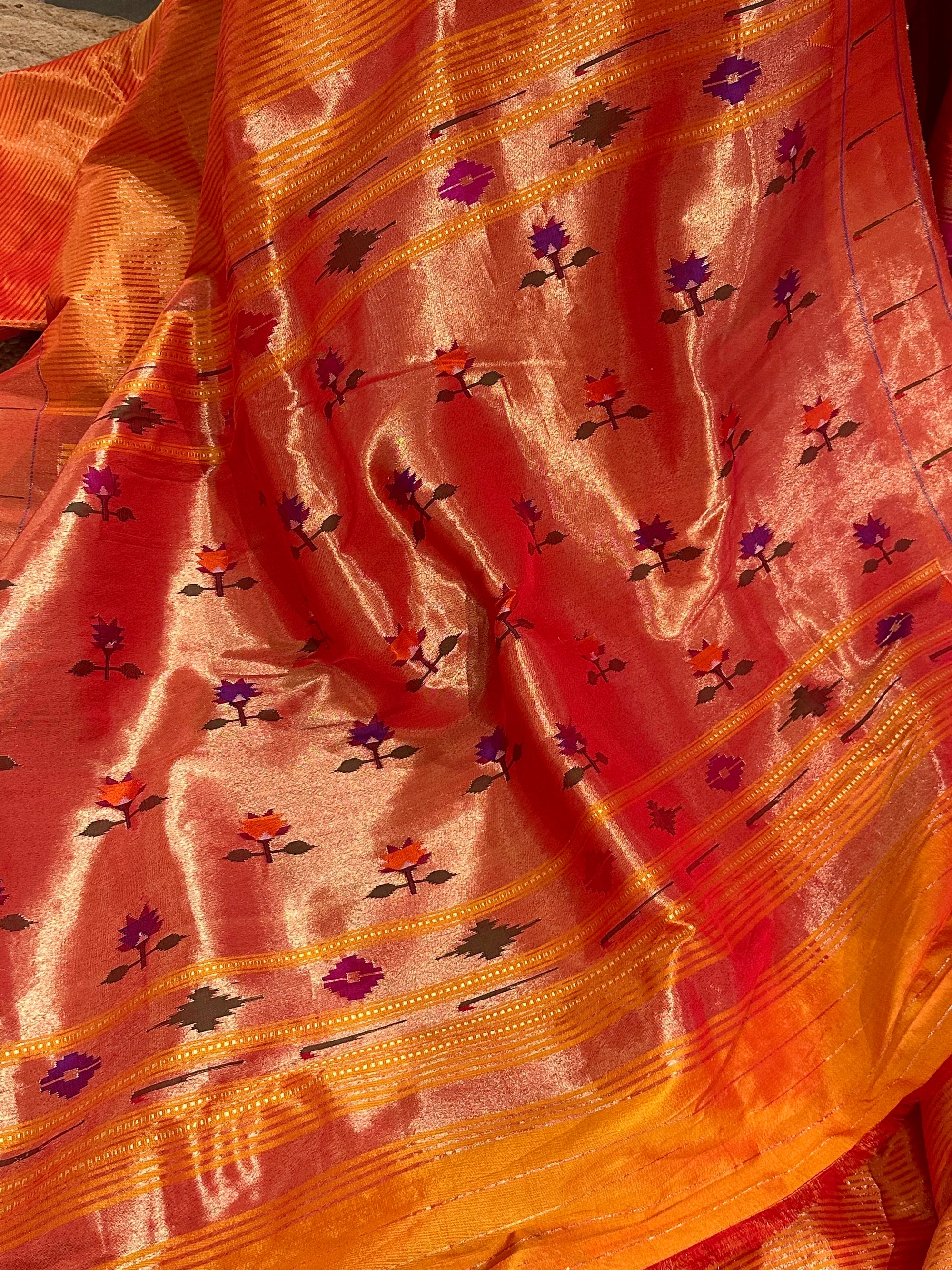 Orange tissue stripcolor single muniya pure paithani saree