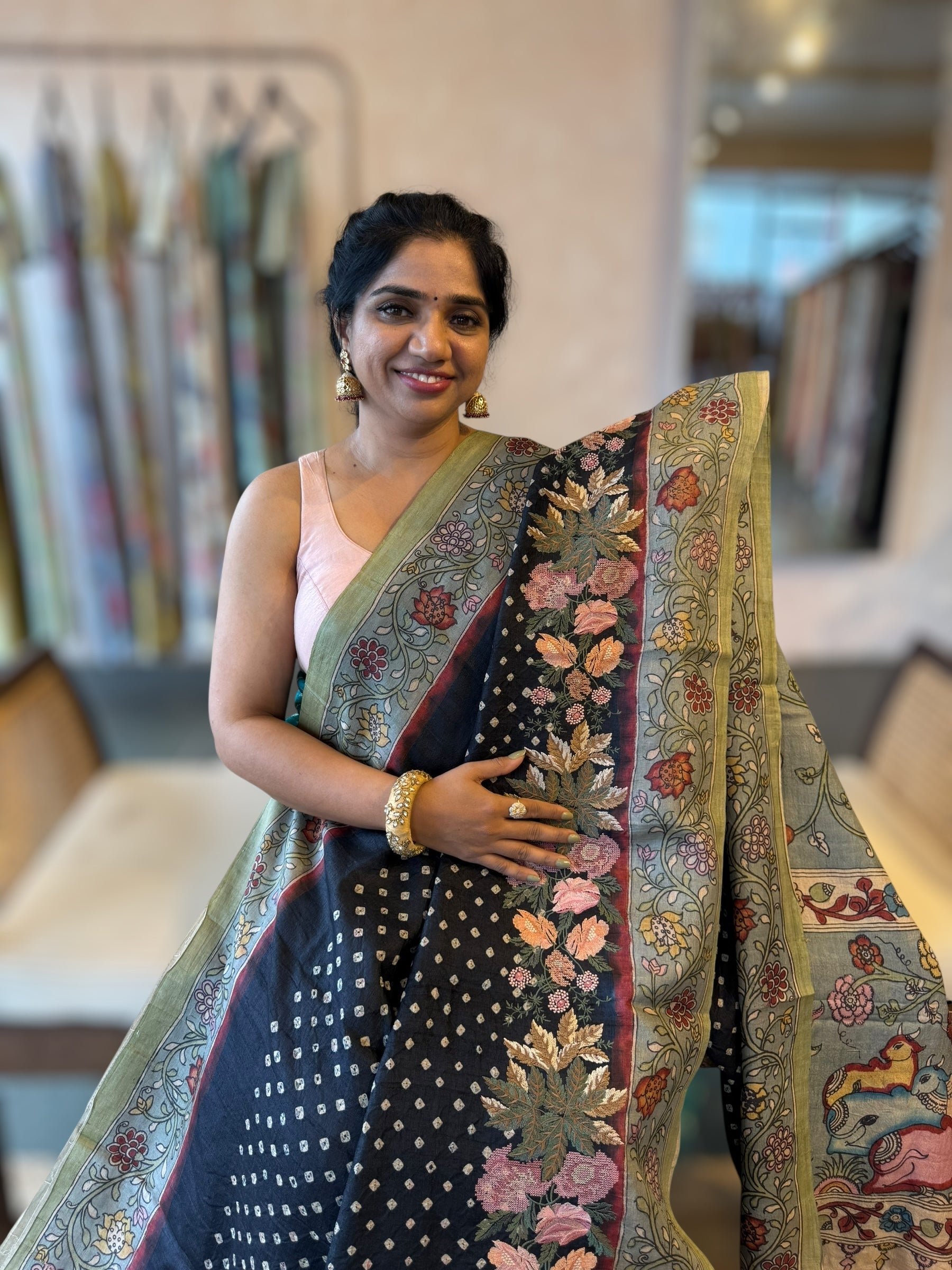 Black Tussar Bandhini Saree With Pen kalamkari Border & Petite Point Emb Blouse