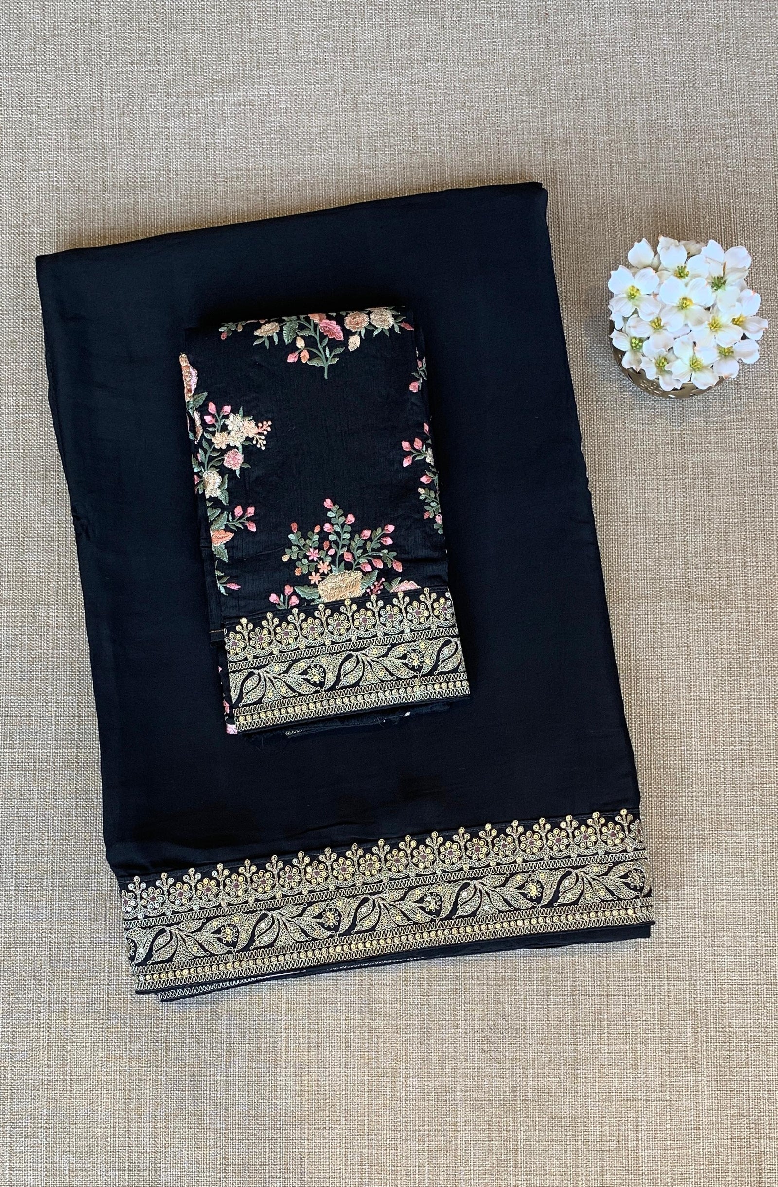Black Pure Satin Silk Saree With Sabhya Borders & Allover Emb Blouse