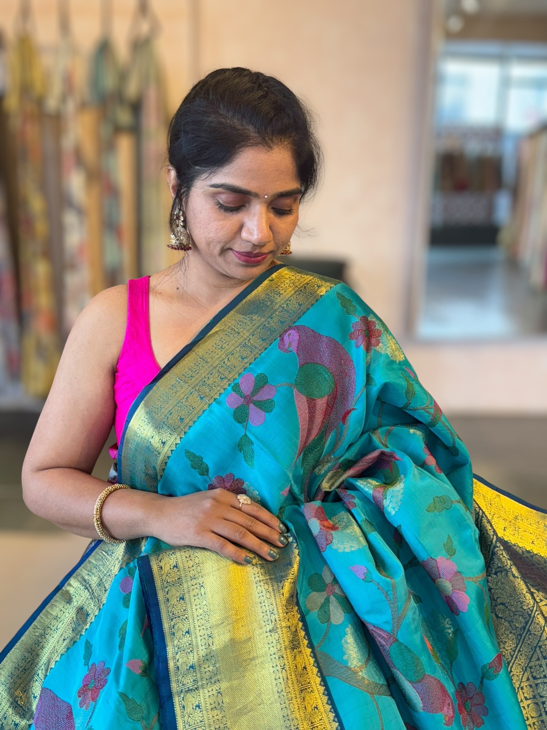 Kanjeevaram Silk Saree With Allover Pythani Inspired Parrot Embroidery