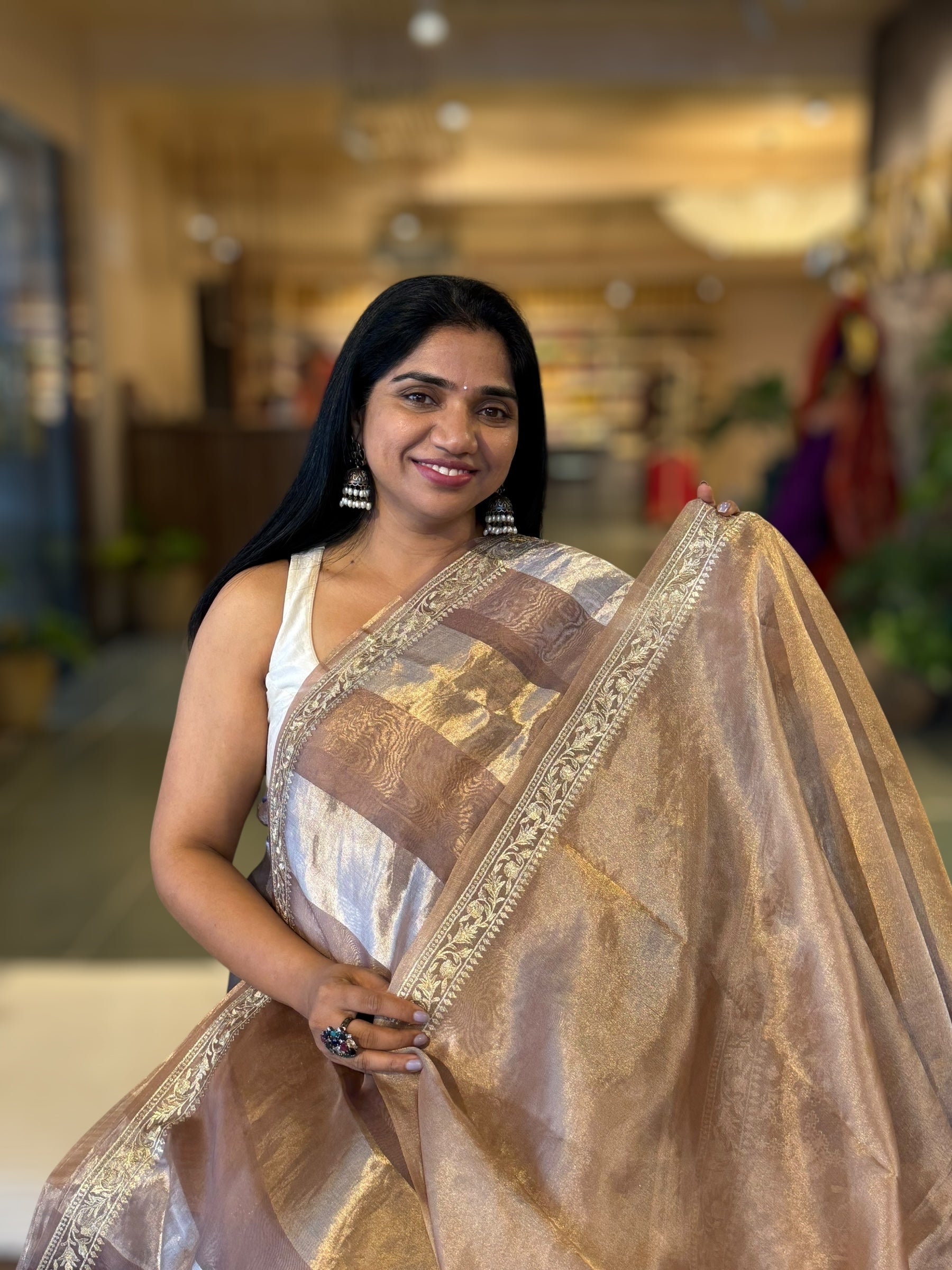 English Brown Kora Tissue Stripes Saree Wth Jamdani & Pichwai embroidered Border