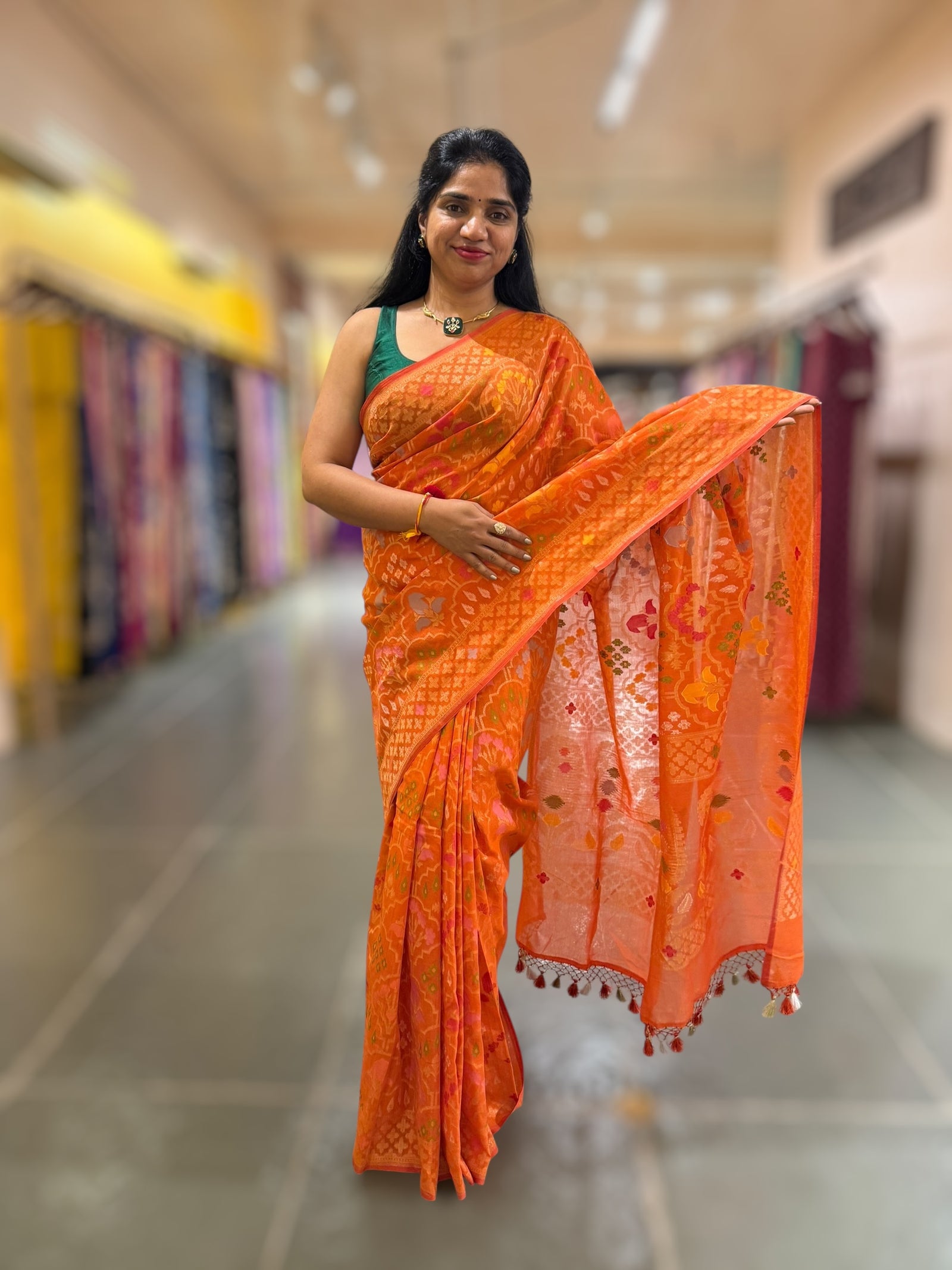 Orange Banarasi Cotton Jamdani Saree With Meenakari Weaving