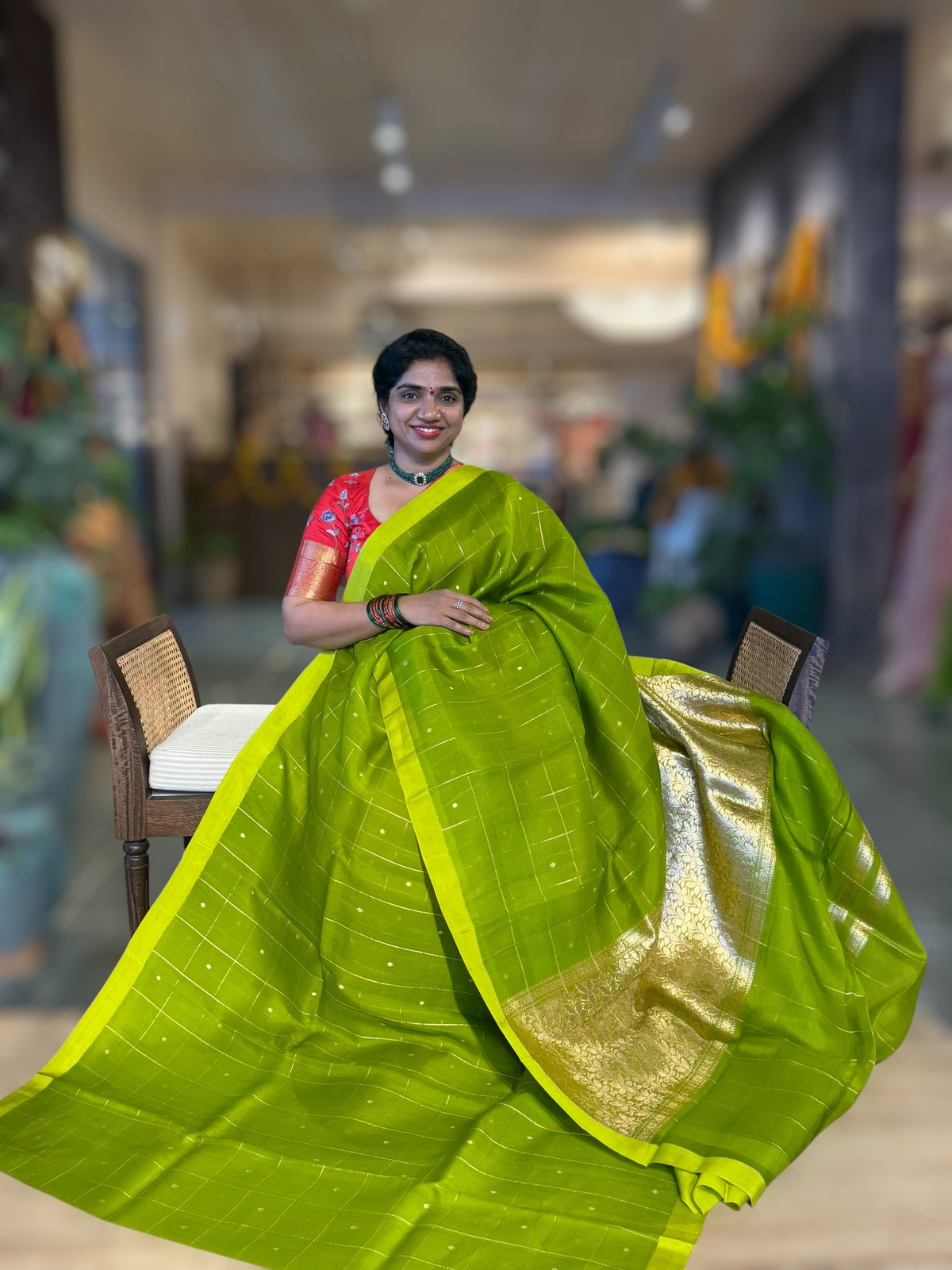 Parrot Green Handloom Banarasi Kora Checks Saree with Kaduwa Woven Zari Motifs .
