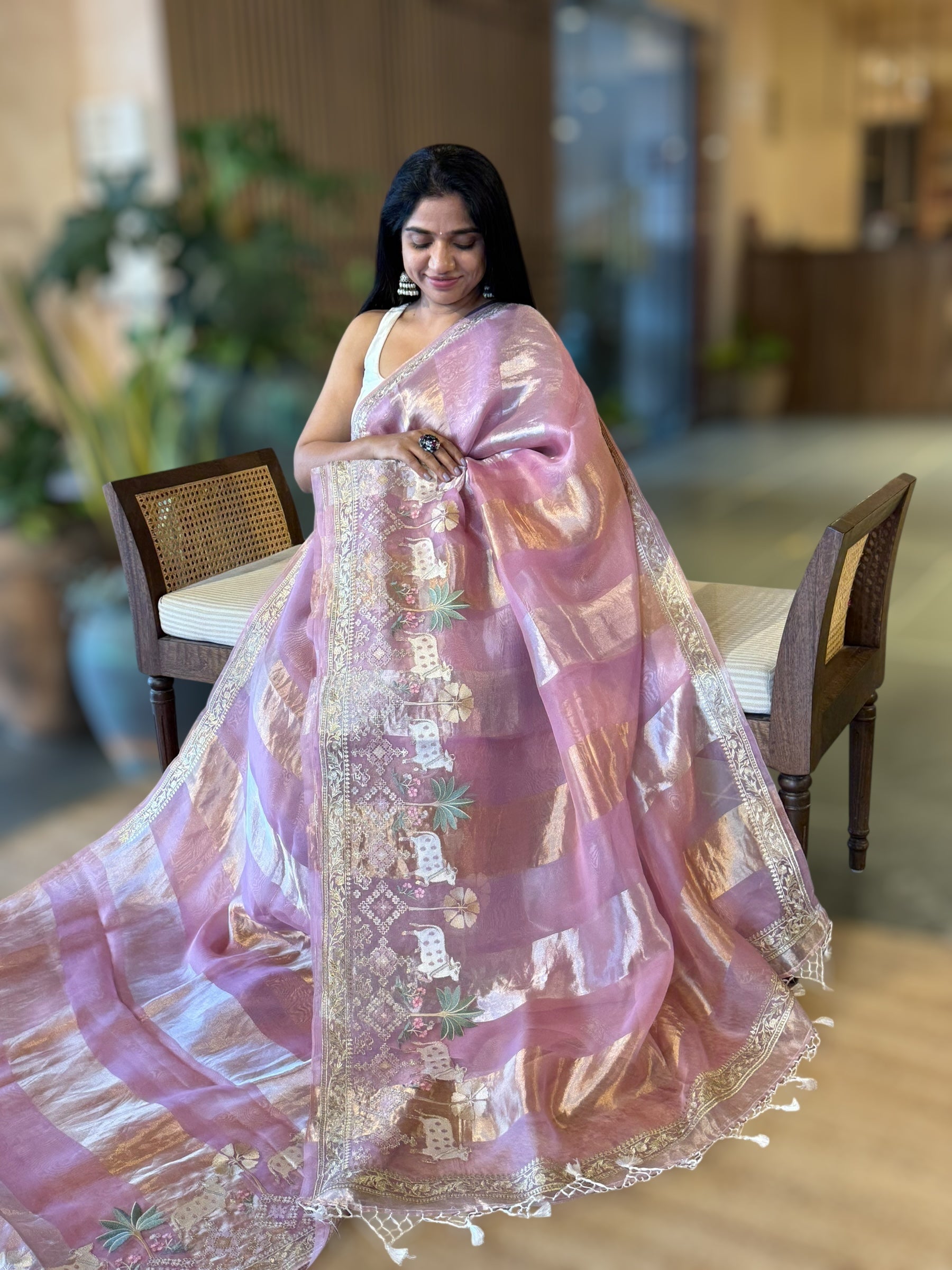 Mustard Kora Tissue Stripes Saree With Jamdani  & Pichwai embroidered Border