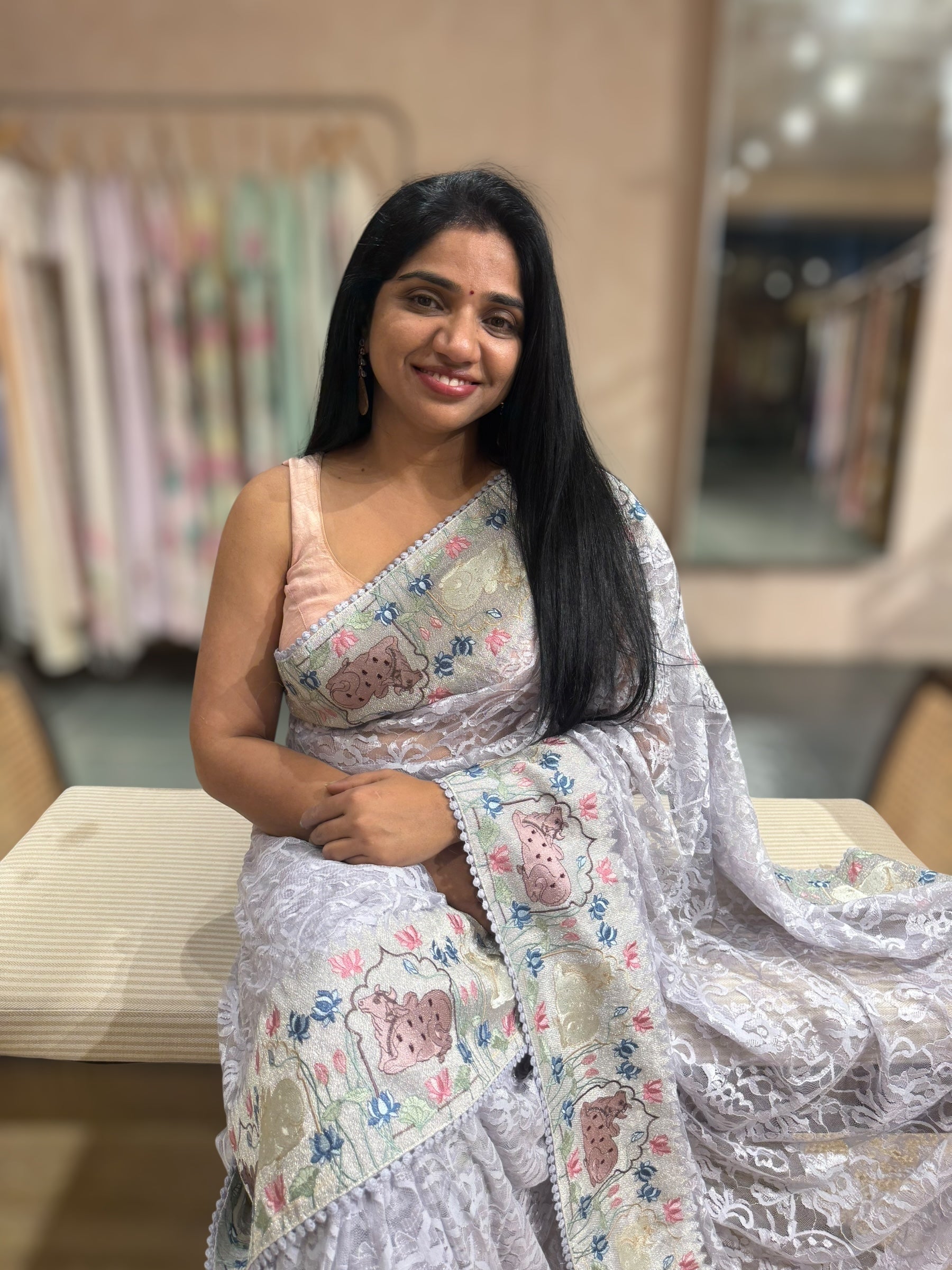 Light Lilac Chantilly Lace Saree With Tissue Nandi  Embroidered Border
