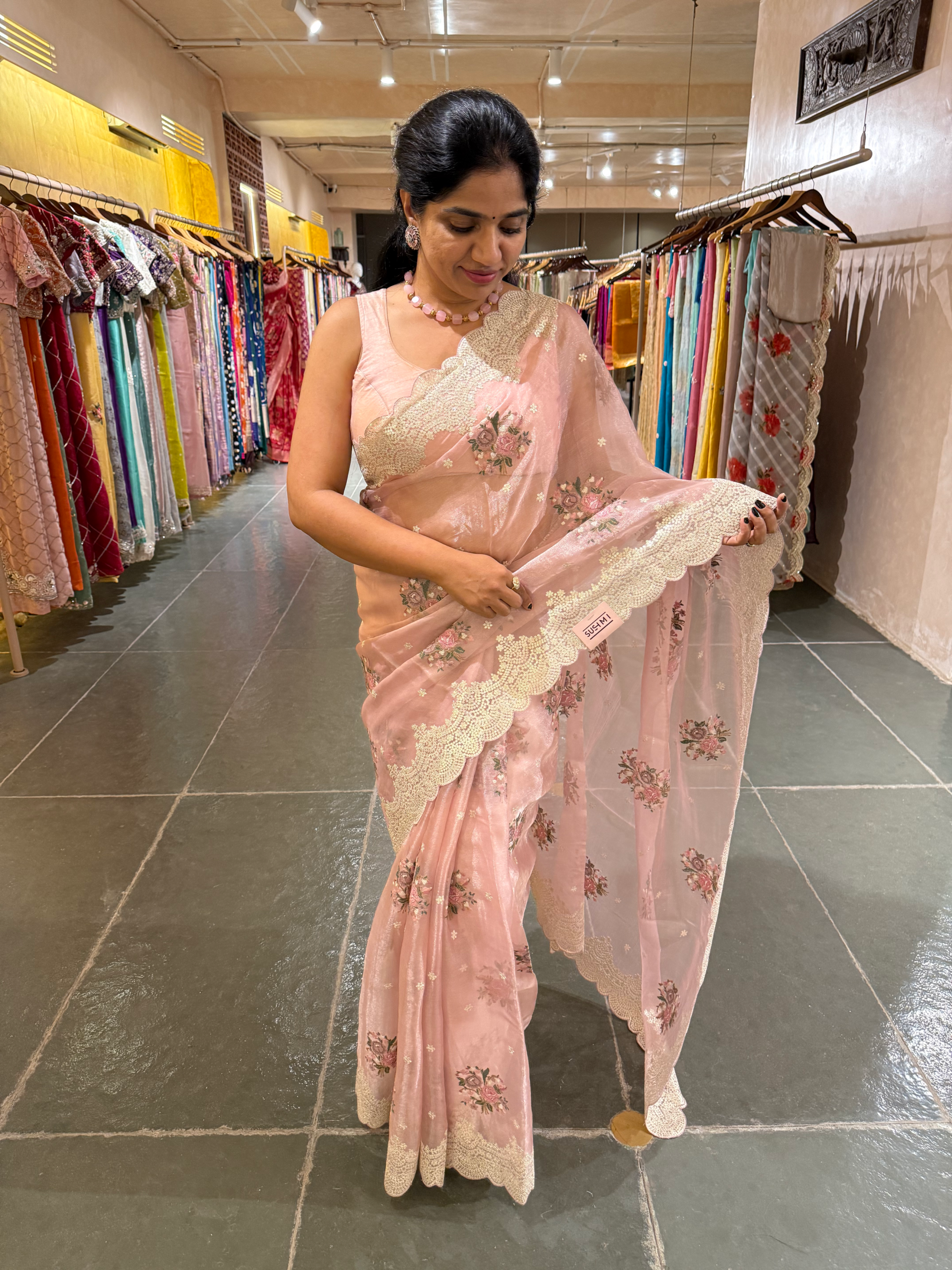 Pink Tissue Saree With allover Petite Point Motifs & Pittai Sequnce Borders