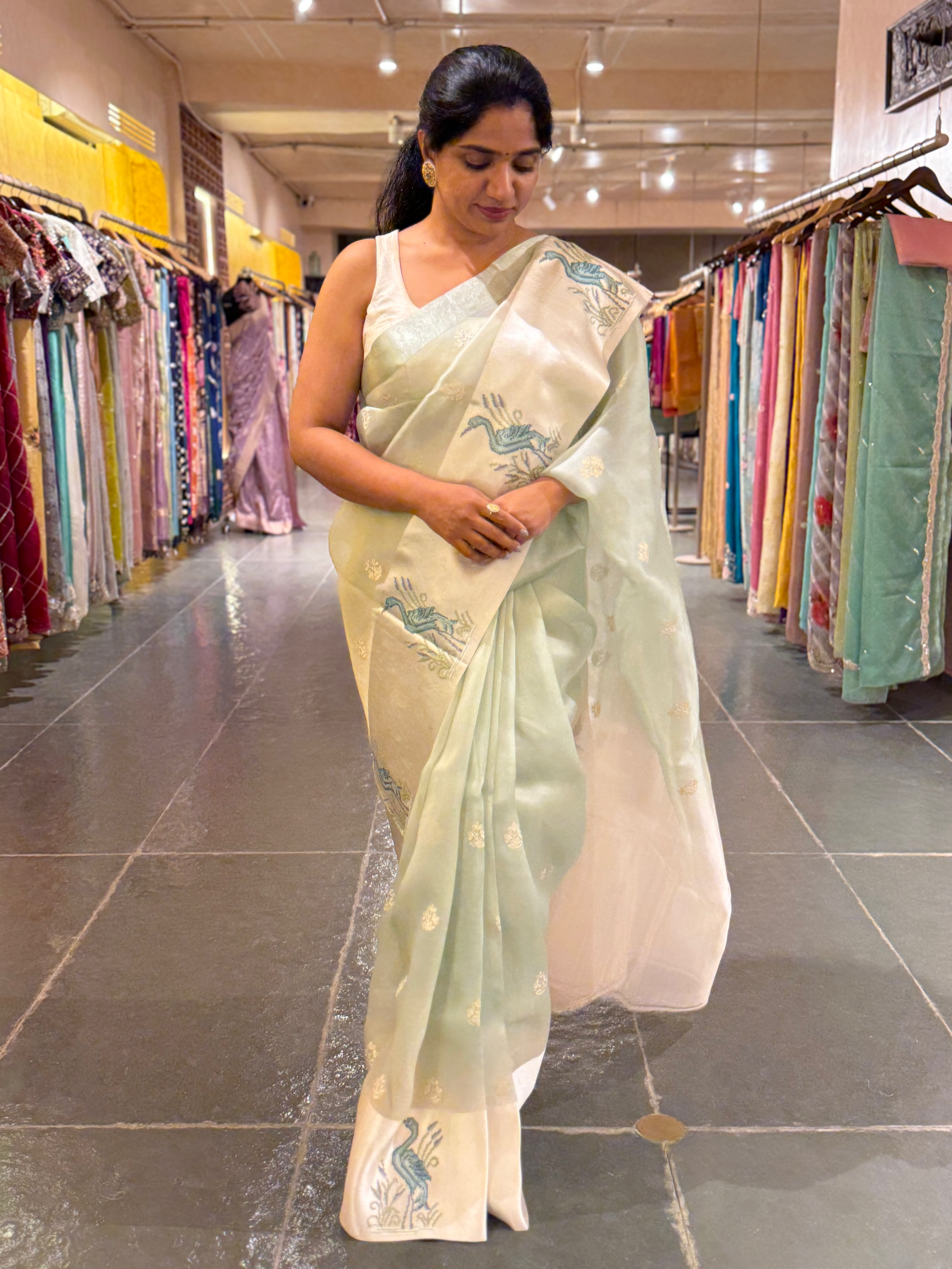 Mint Pure Organza Silk Saree with Petite Point Embriodered Swans Mashru Borders