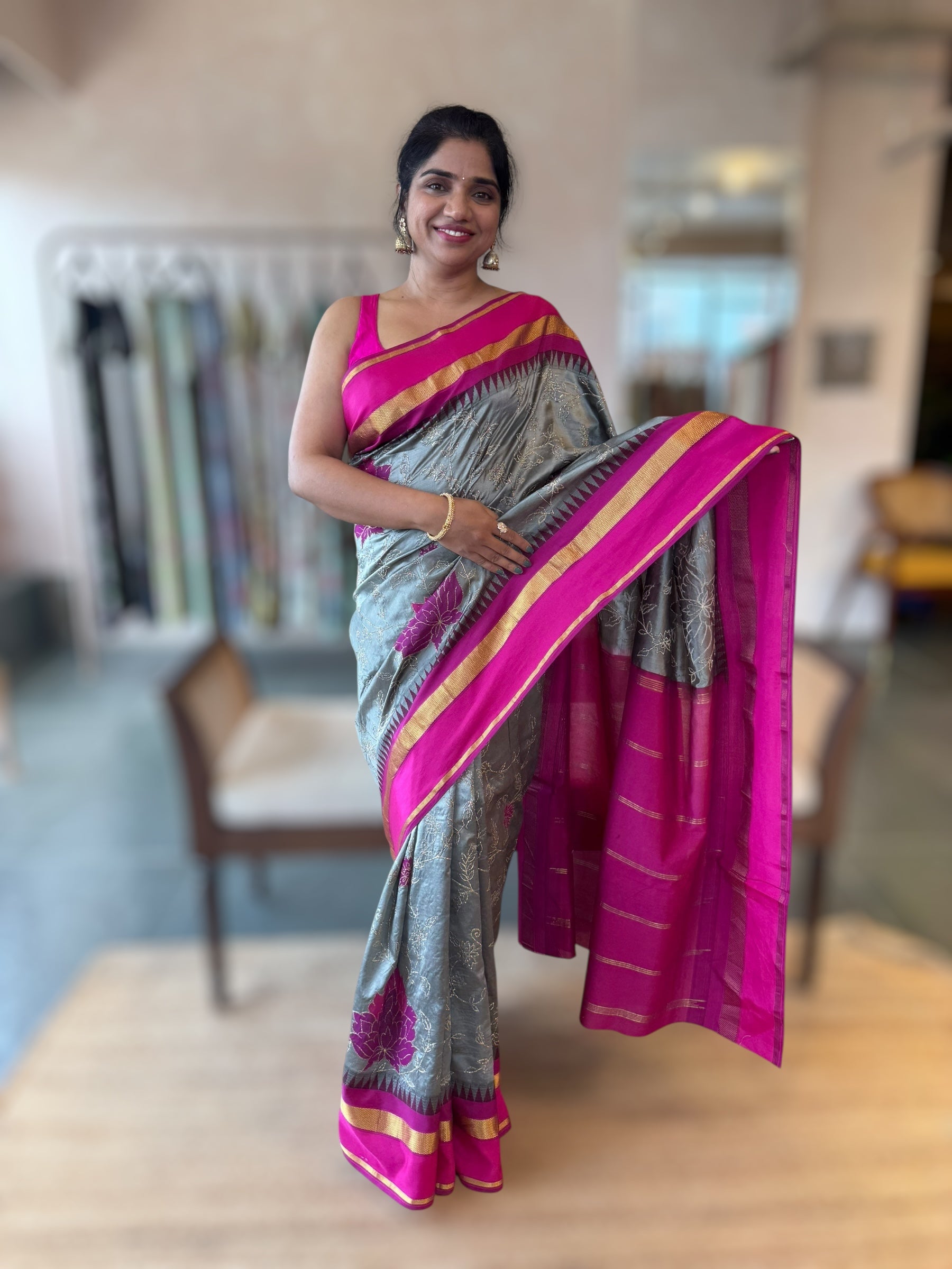 Silverish Grey Kanchi Silk Saree in With Allover Pita & Applique work