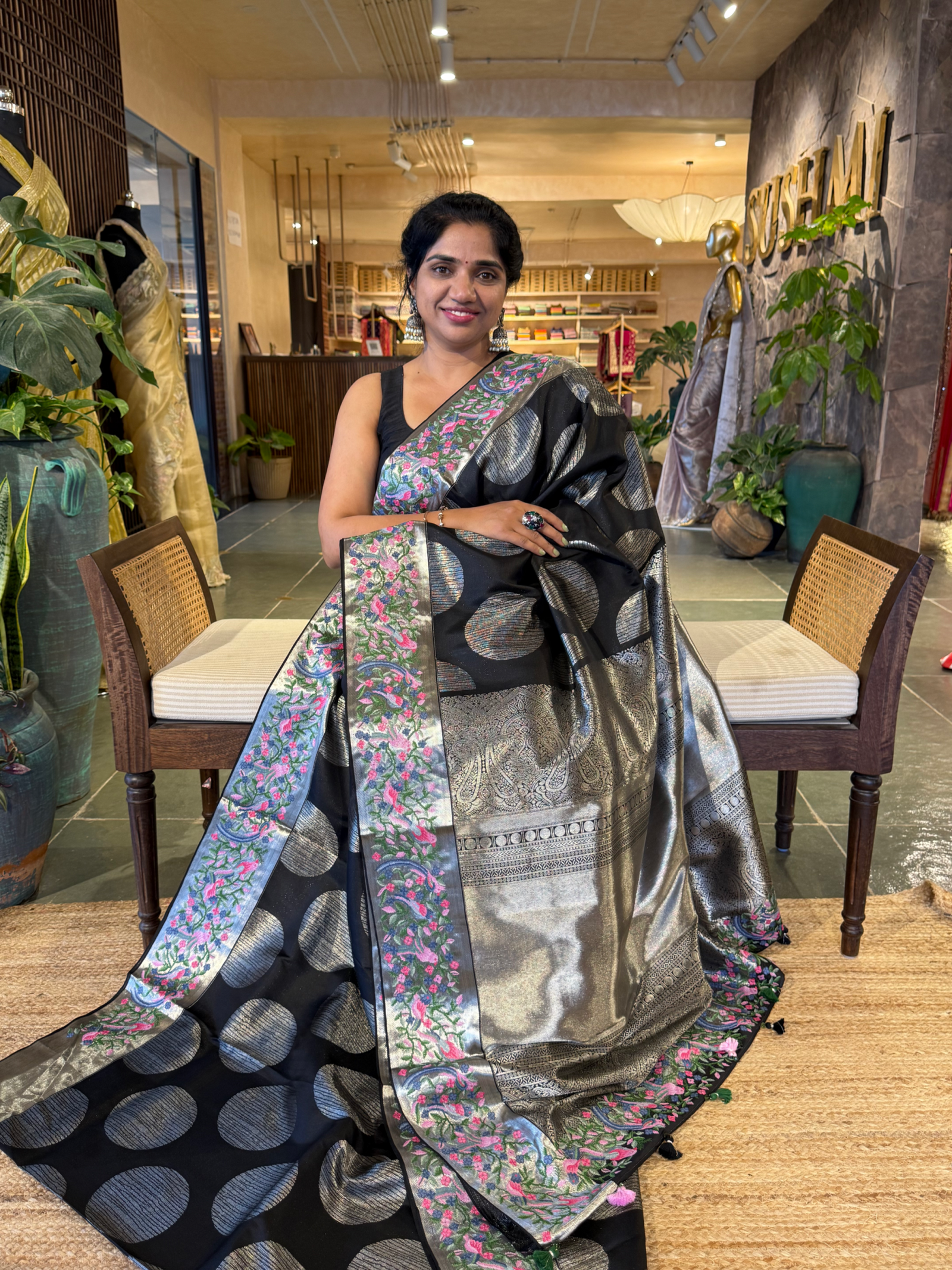 Black  Kanjeevaram Saree in Silver Zari weaving
