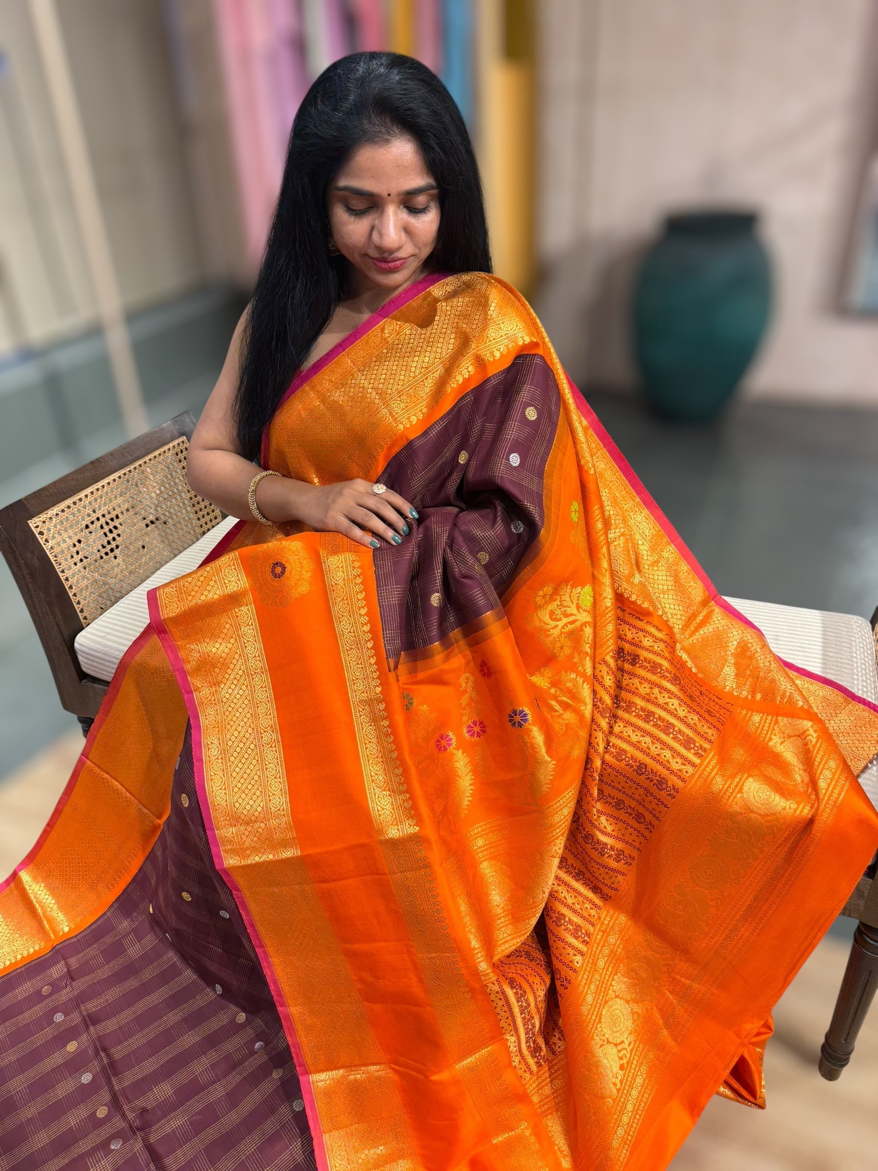 Brown & Orange Combo Pure Handloom Gadwal Kanchi Saree with Gap Borders r
