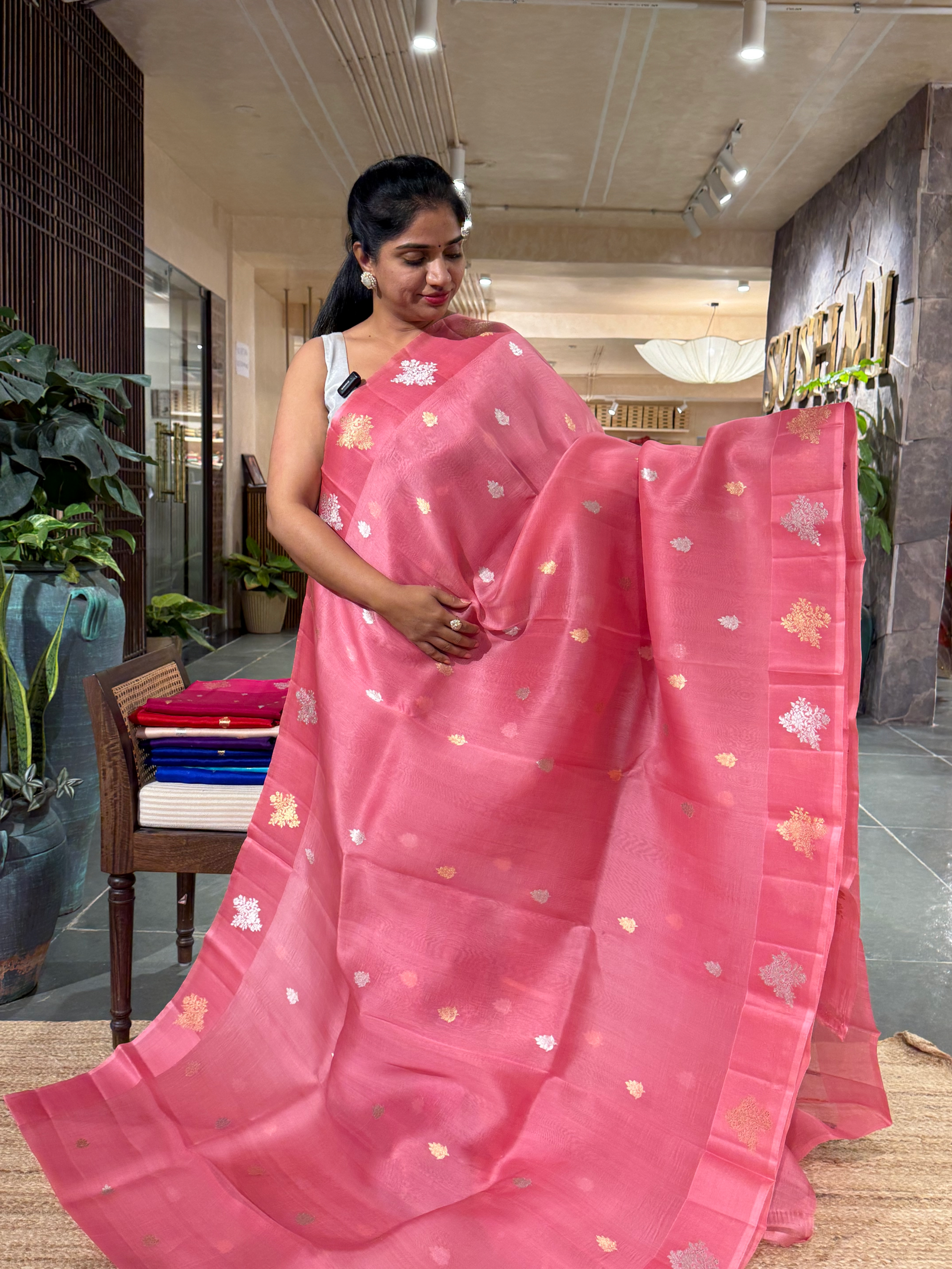 Coral Pink Beige Kora Banarasi Handloom Silk Saree with Sona Rupa Kaduwa Weaving