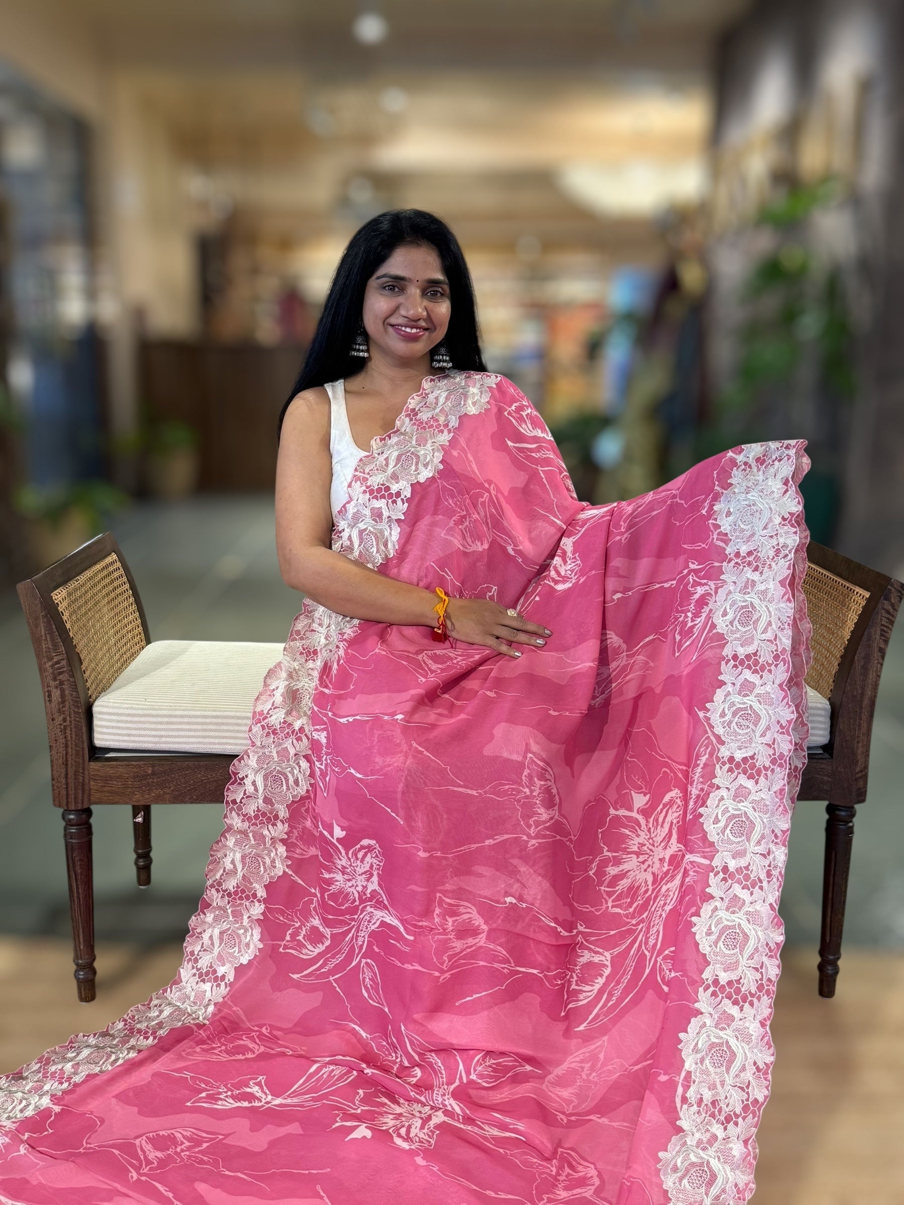 NeonPink Pure Gorgette Saree With Chatilly Lace Style Cutwork embroidered Border