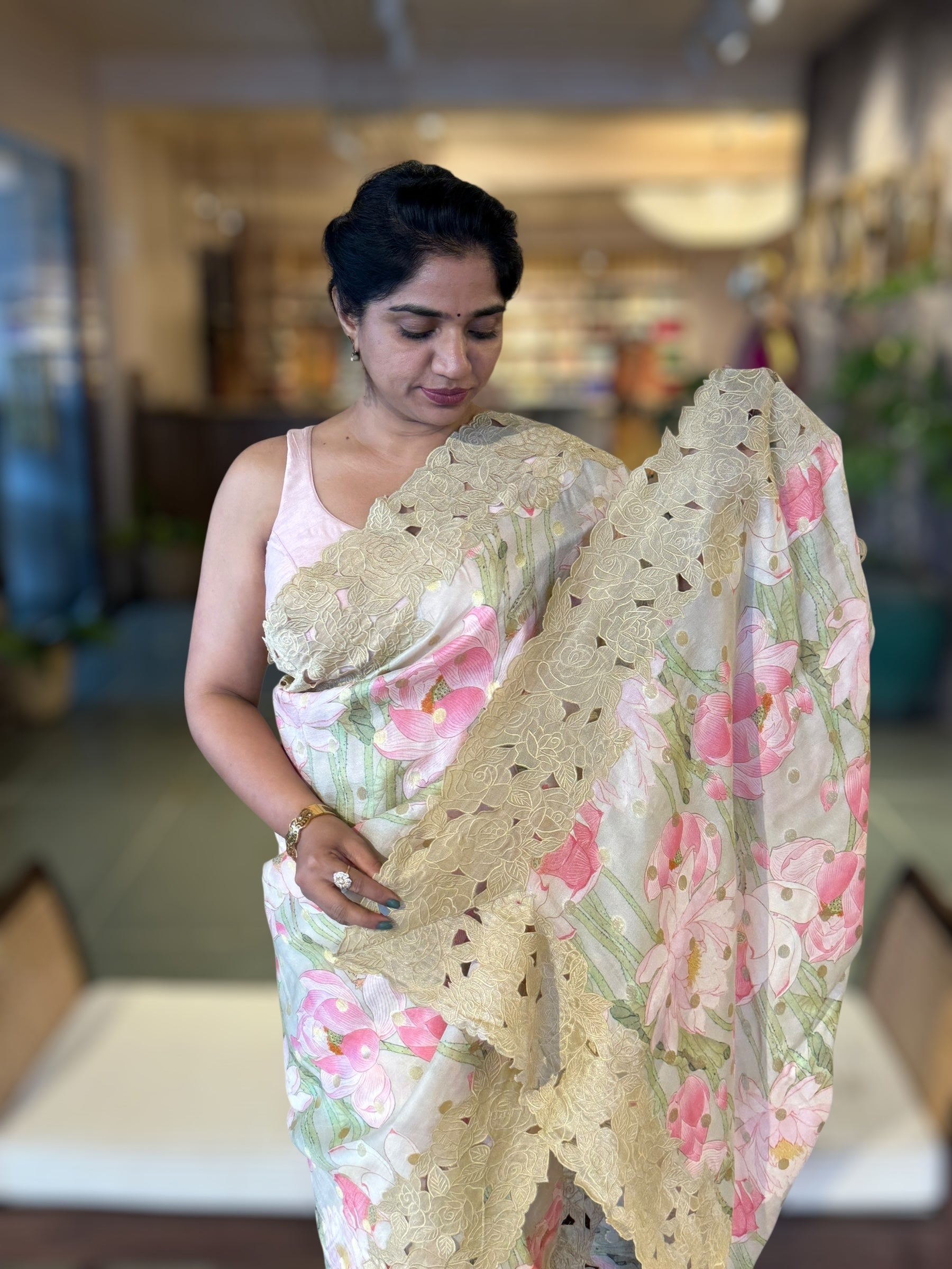 DustyTone Banarasi Printed Tussar Khaddi Gorgette Wth Tissue cutwork Rose Border