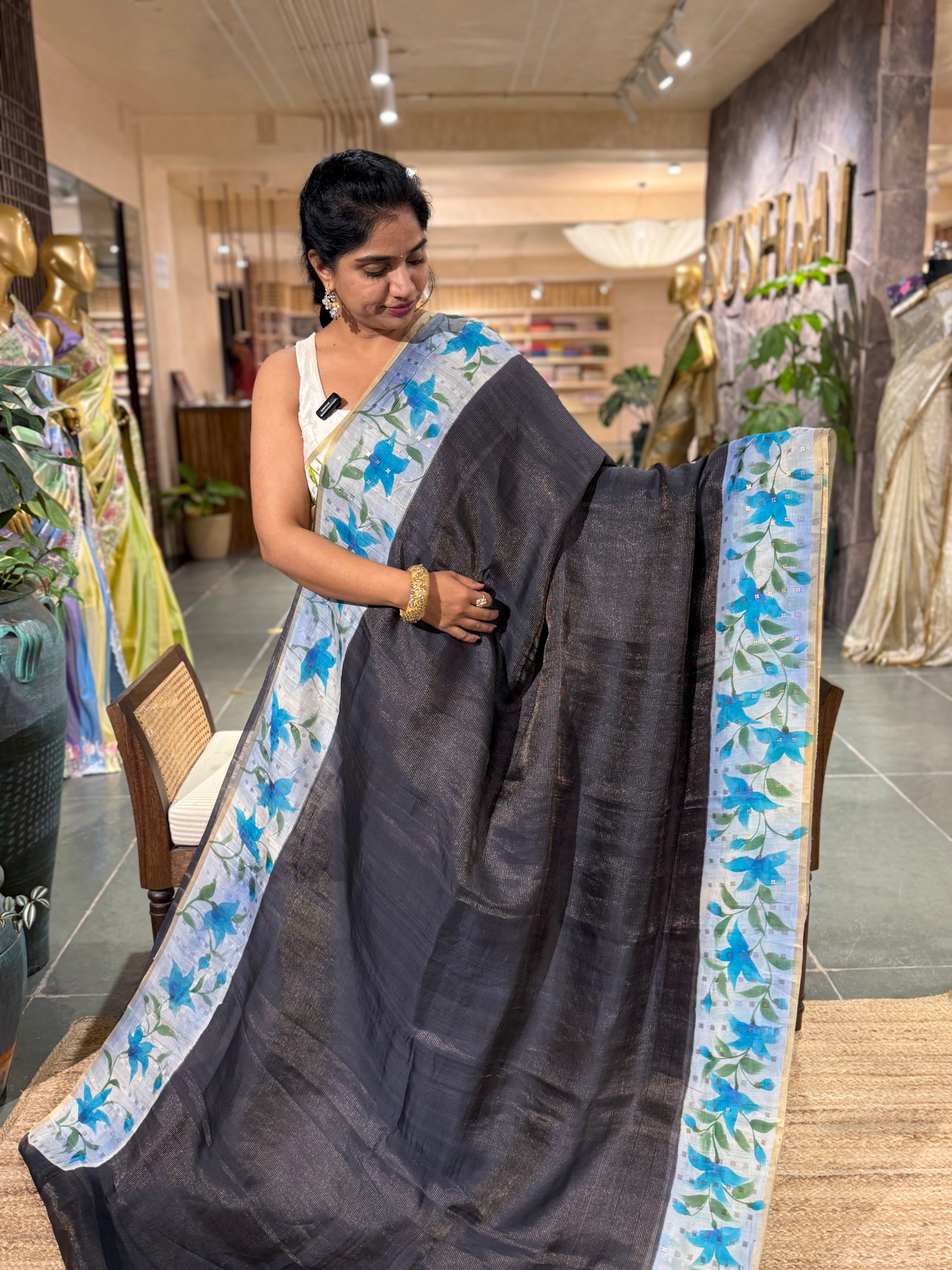 Black Tussar Kota Tissue Saree with Handpainted Muslin Border and Pallu