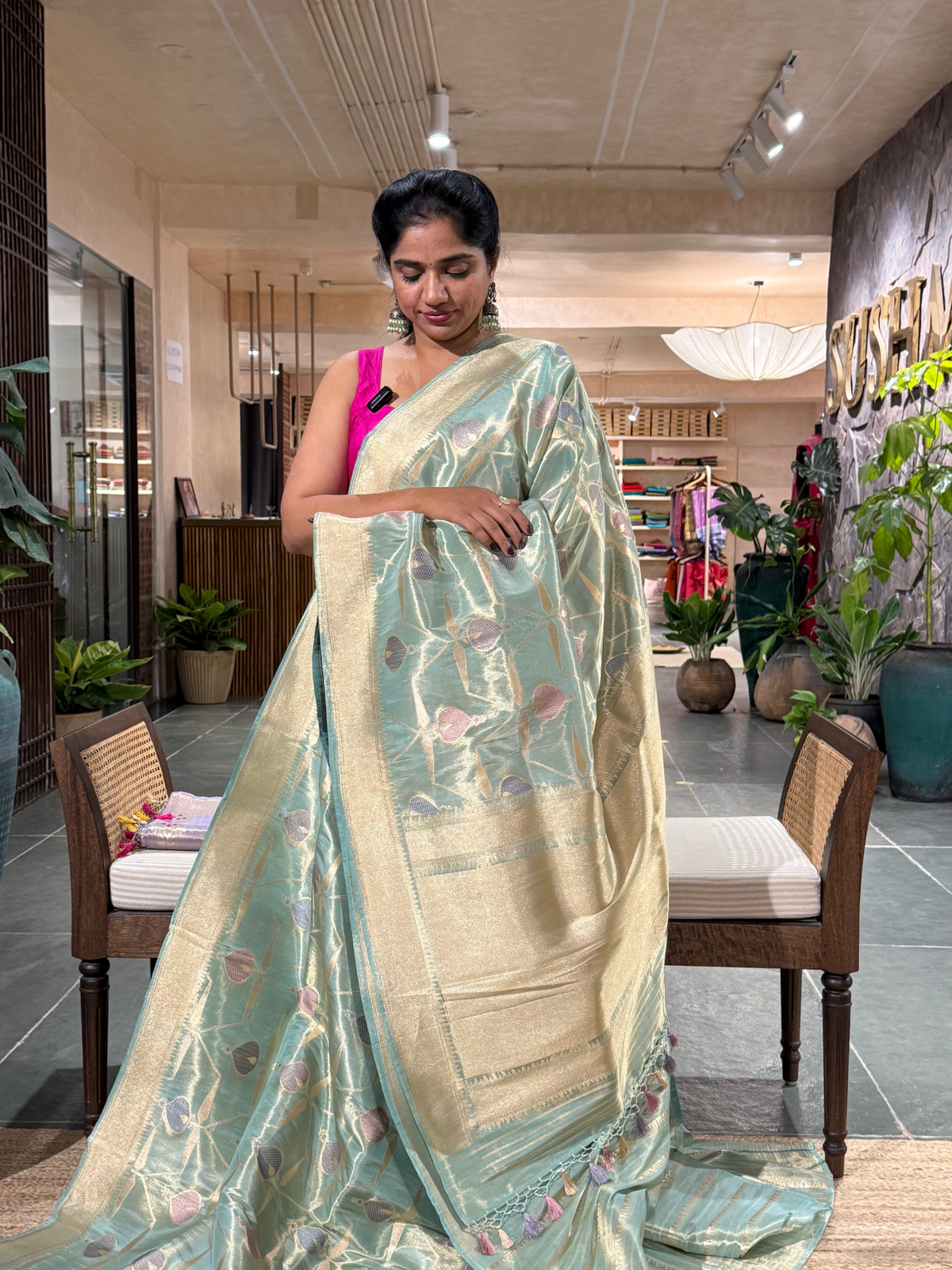 SBETM162 Teal Designer Banarasi Ektara Tissue Saree with allover meenkari jaal