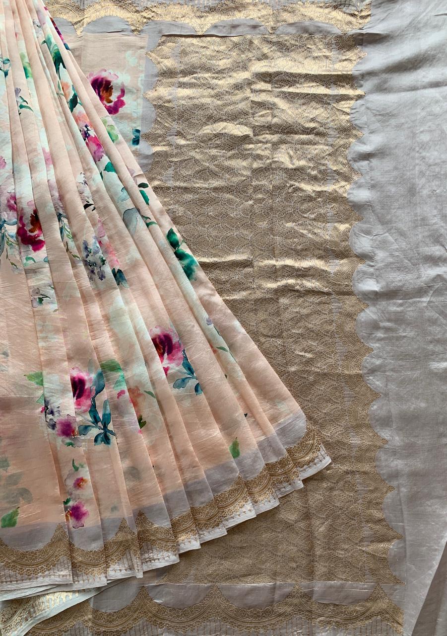 Banarasi Soft Silk Printed Saree With Scalloped Woven Zari Border