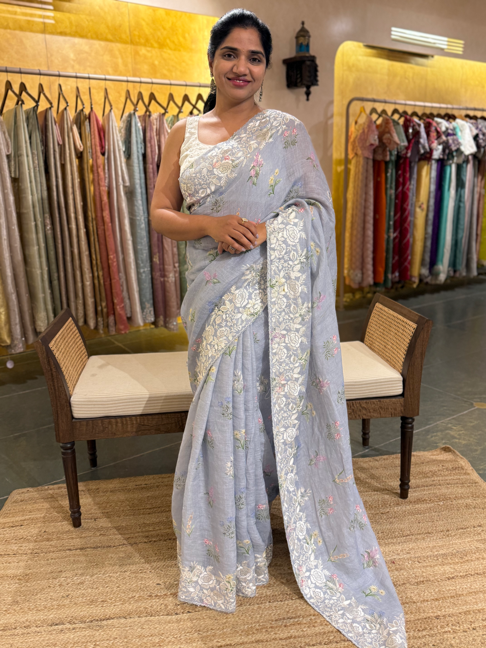 Pure Handloom Lenin Print Saree With  Parsi Gara Style Embroidery