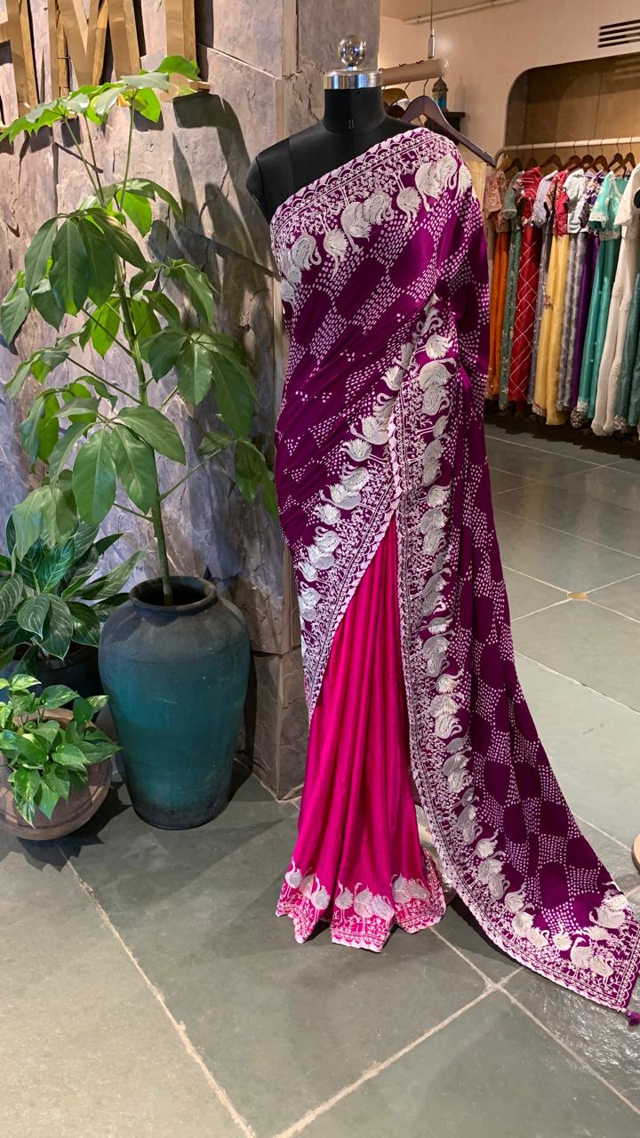 Pure Gajji Silk Rai Bandhej Saree in half and half style with Swan embroidery