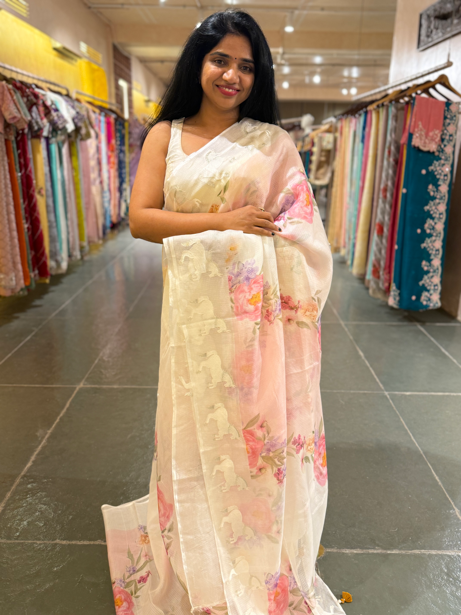 Baby Pink & White Silk kota with floral print & horse embroidered borders