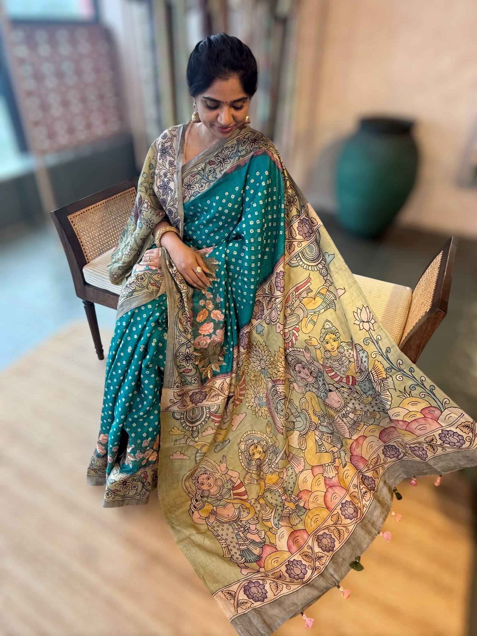 Teal Tussar Bandhini Saree With Pen kalamkari Border & Petite Point Emb Blouse