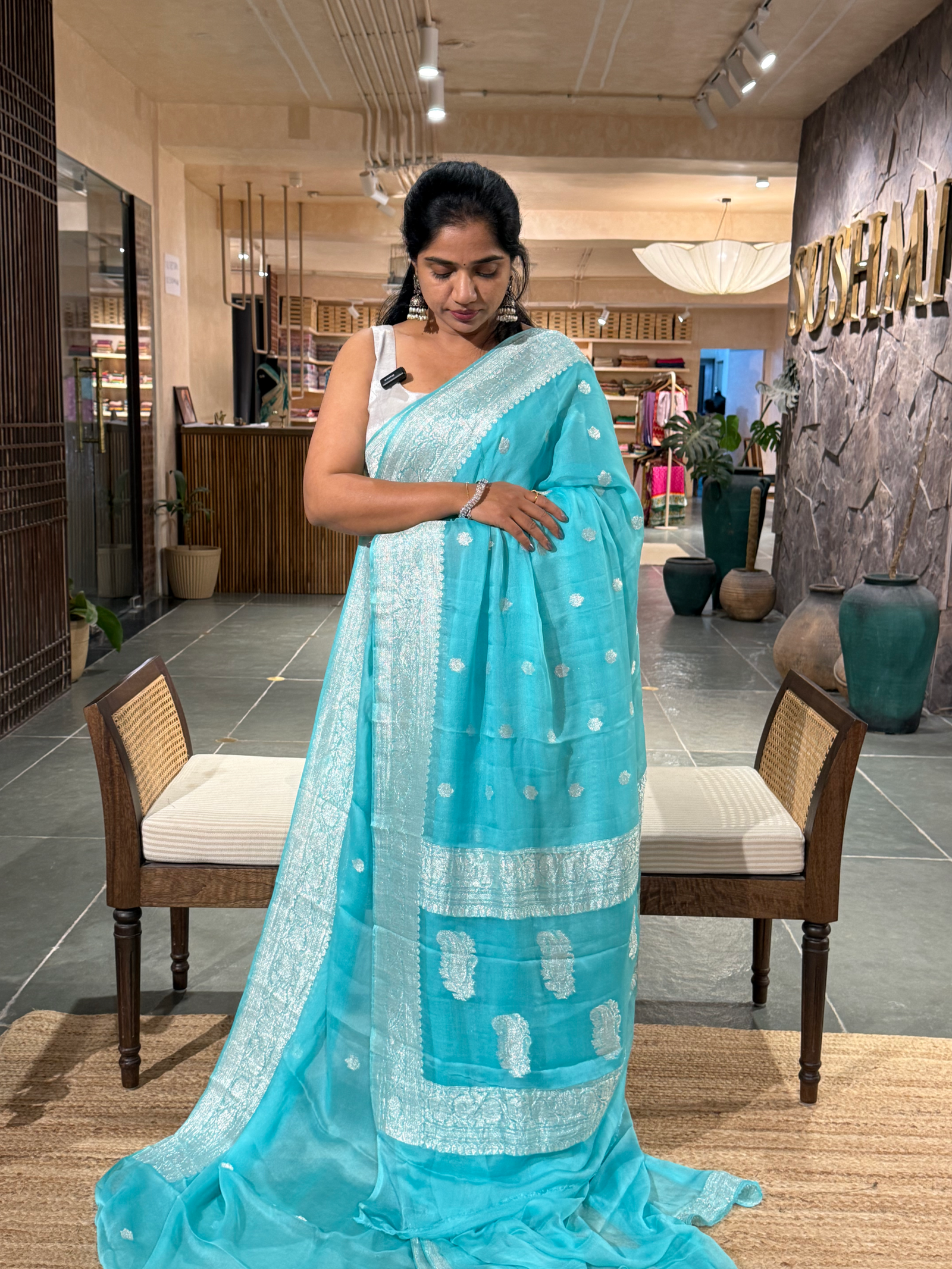 Sky Blue Banarasi Handloom Khaddi Chiffon Saree with silver
