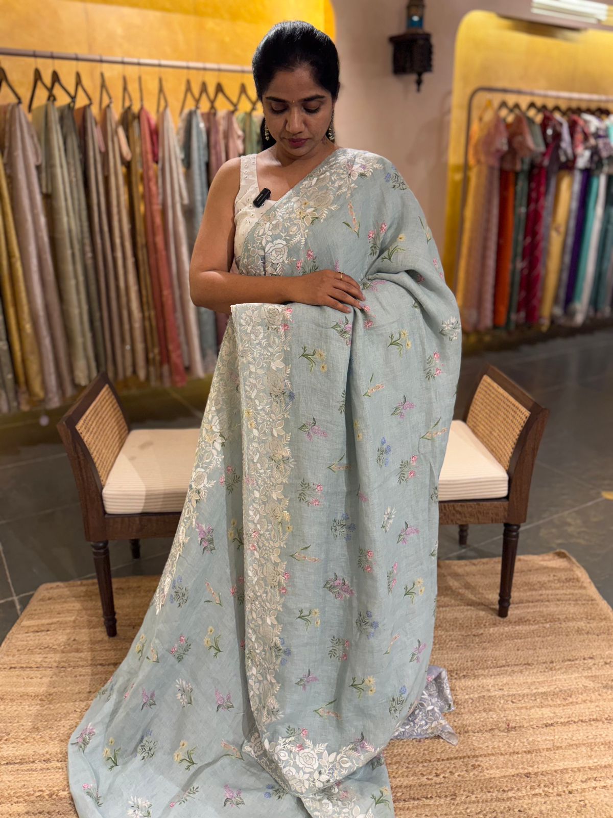 Powder Blue Pure Handloom Lenin Print Saree With  Parsi Gara Style Embroidery