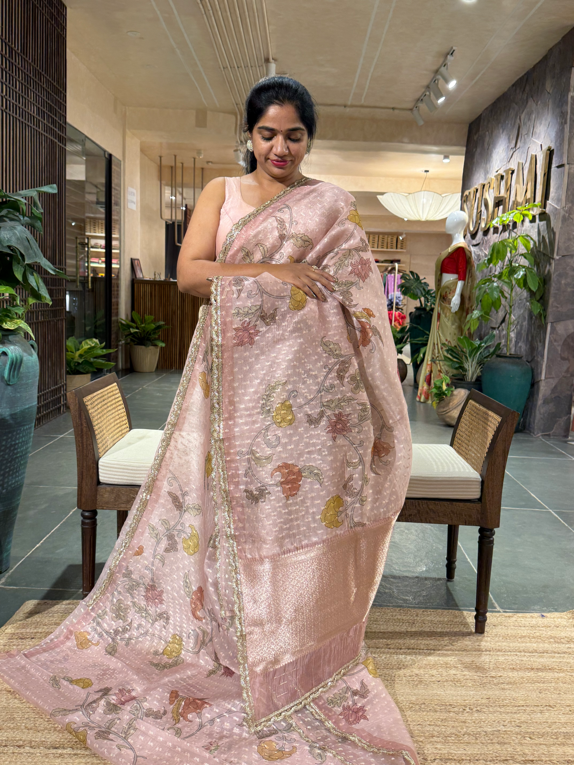 Dusty Pink Pure Organza Saree with allover zari butis and floral print paired wi