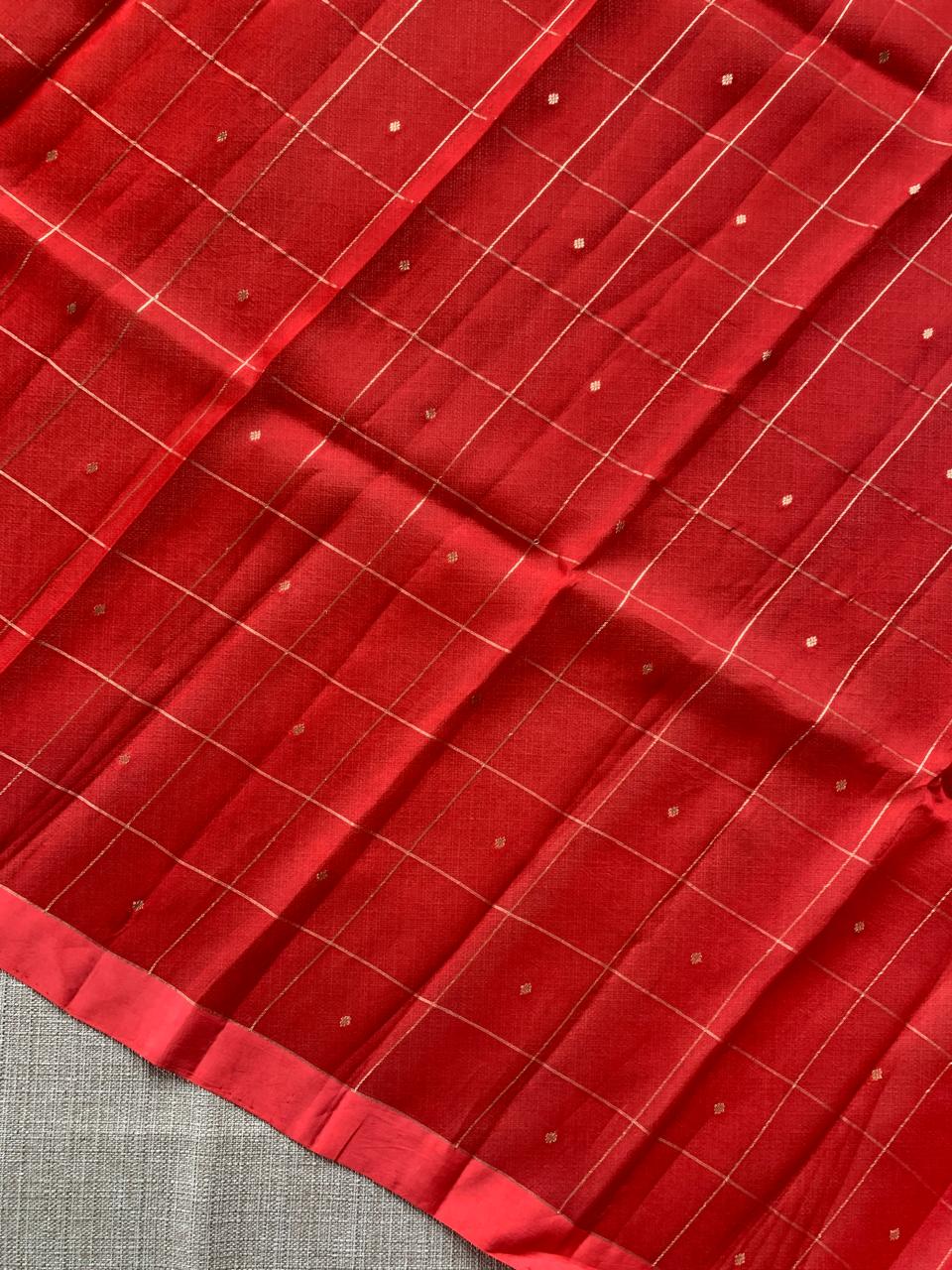 Red Handloom Banarasi Kora Checks Saree with allover Kaduwa Woven Zari Motifs .
