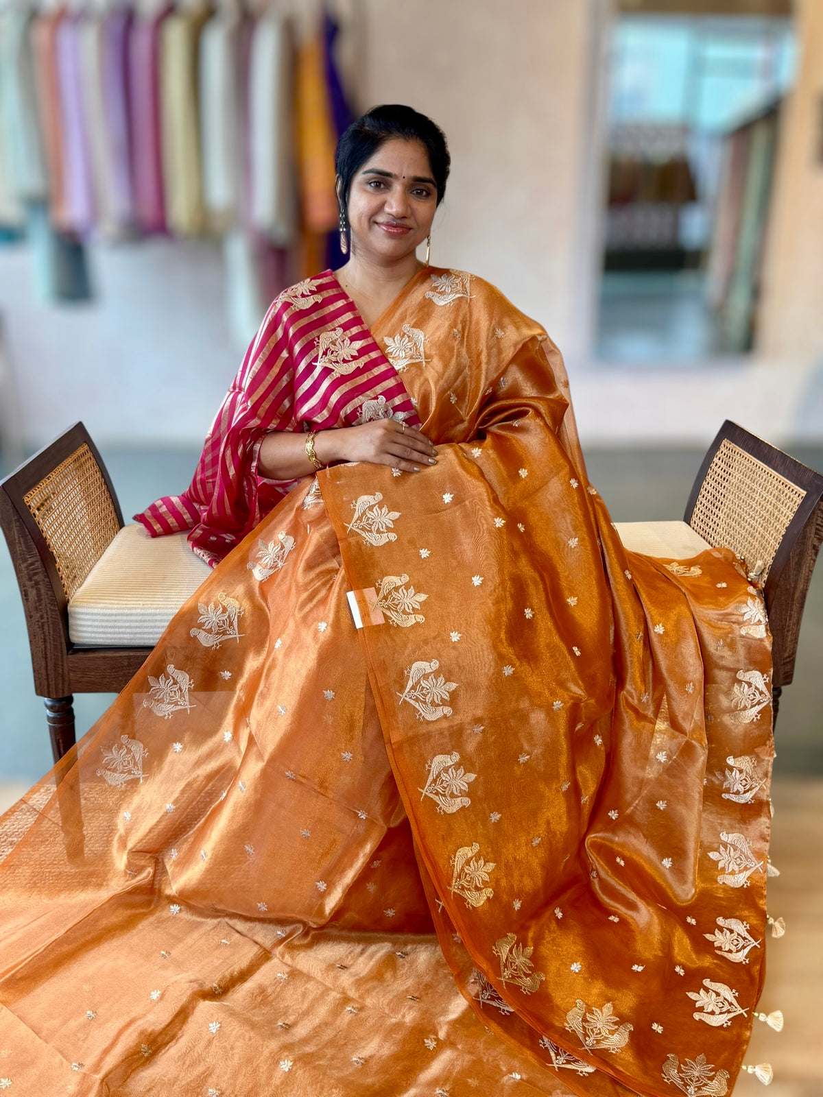 Orange Handloom Tissue Saree With Bird Embroidered Border &amp; Stripes Tissue BP