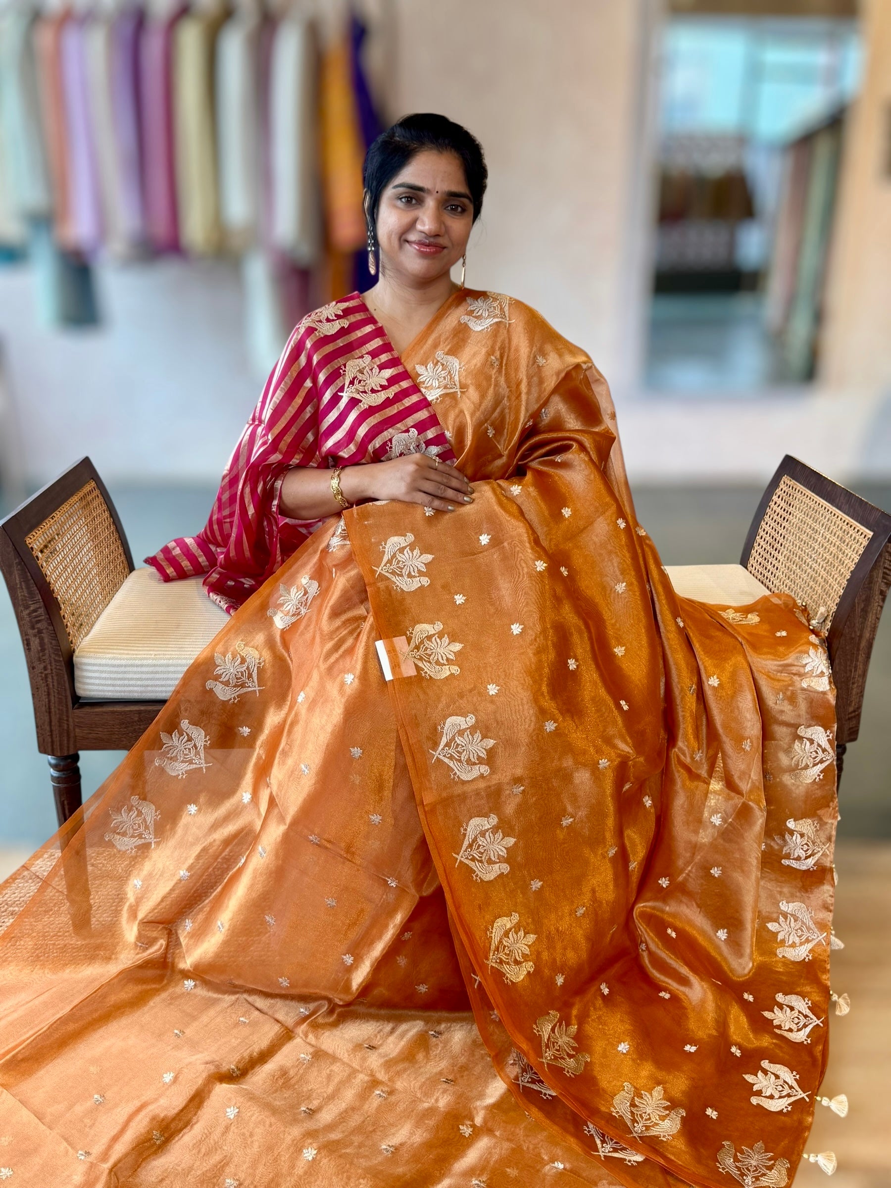 Orange Handloom Tissue Saree With Bird Embroidered Border & Stripes Tissue BP