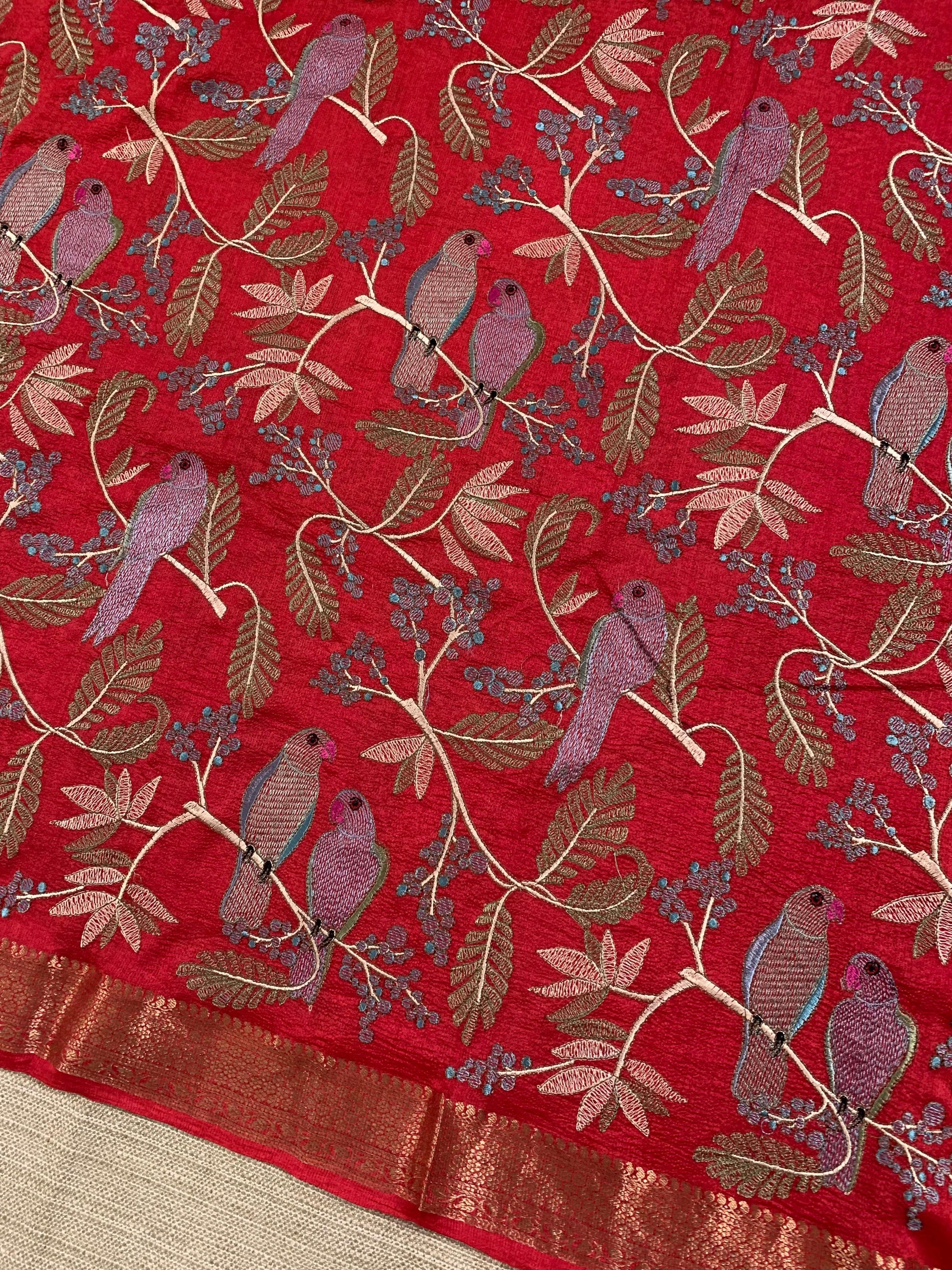 SMSEA115 Dark Red Pure Handloom Munga Silk Saree with allover  Embroidery