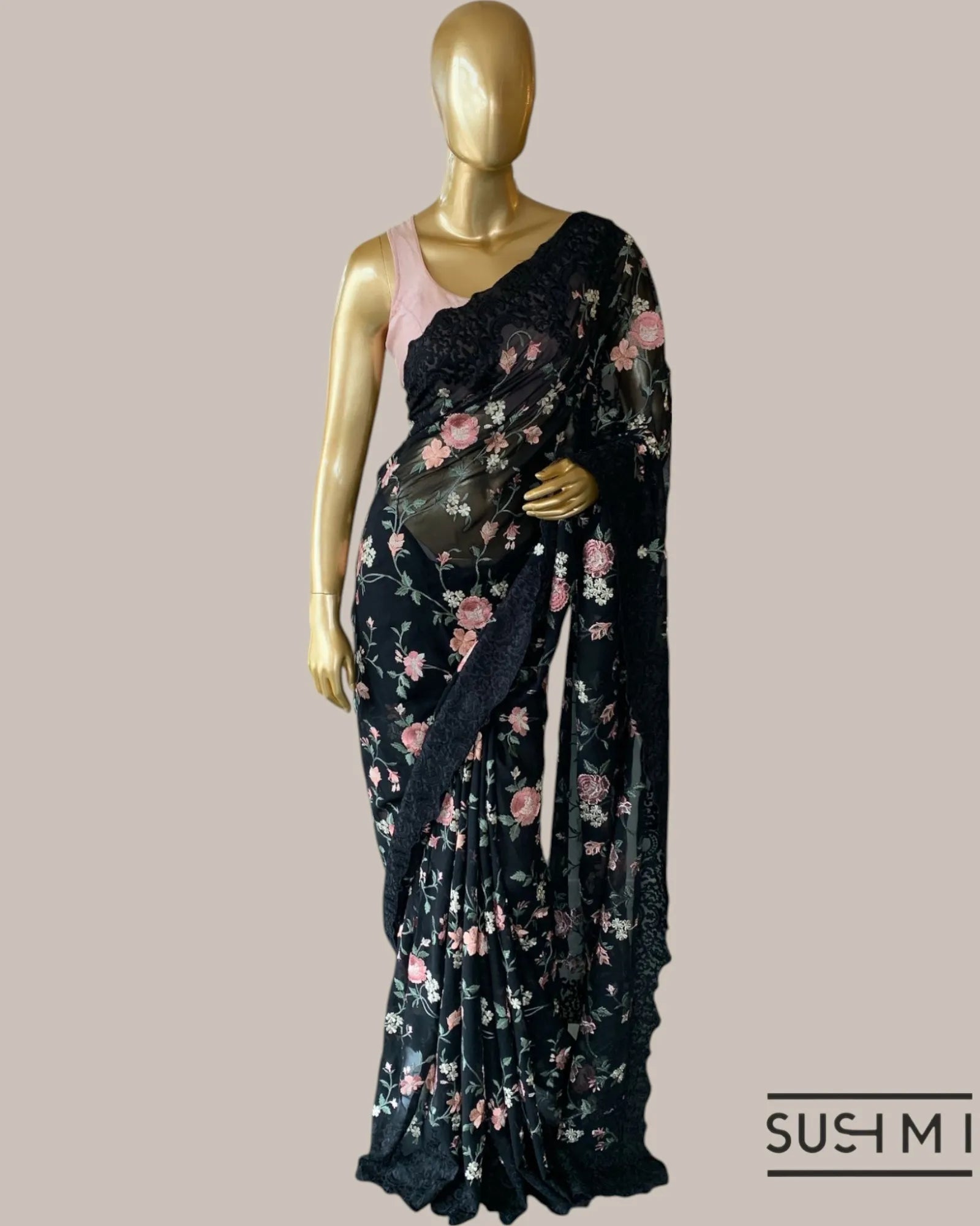 Black Pure Gorgette Saree With Petite Point Style Allover Embroidery   Original