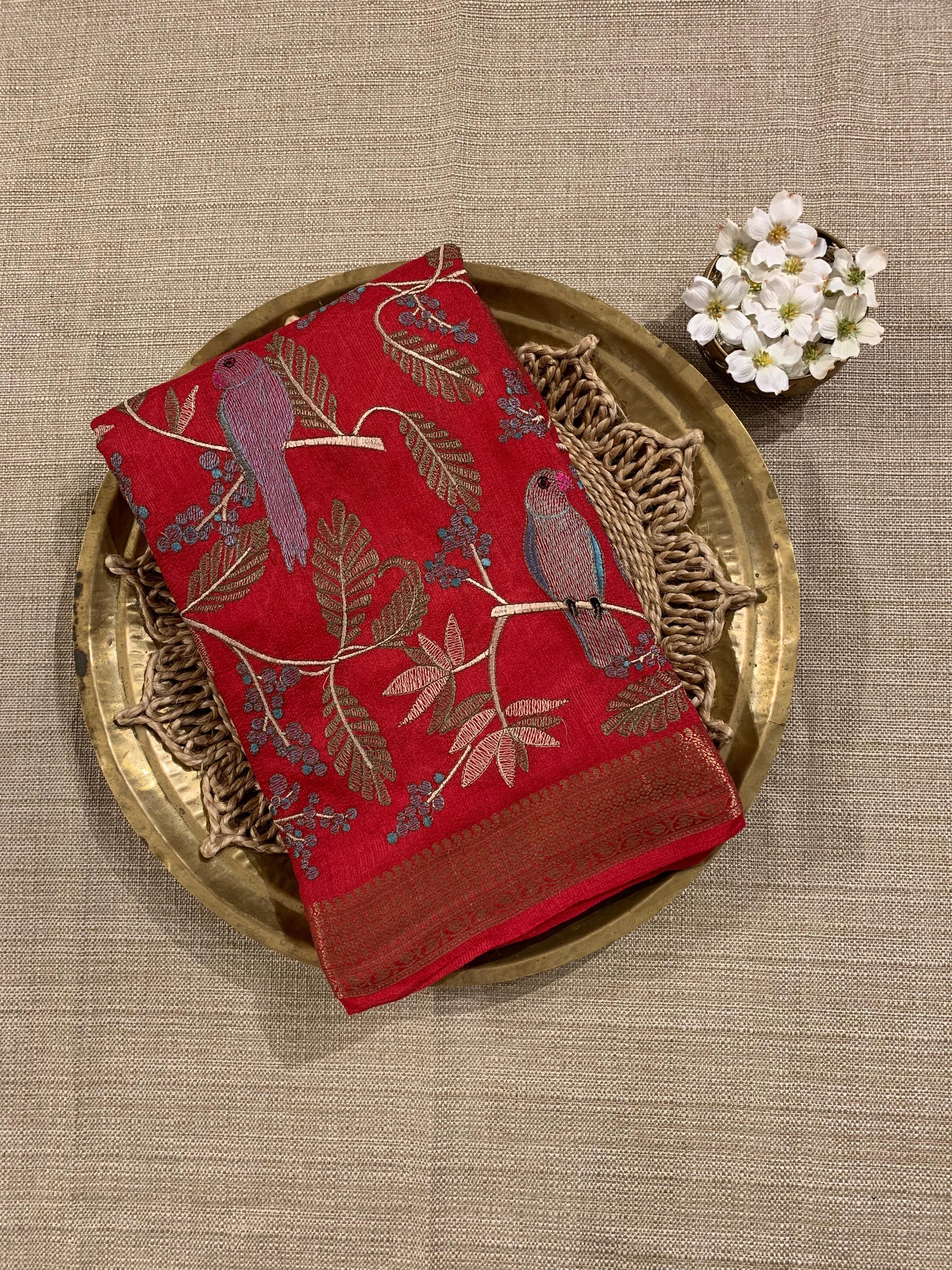 SMSEA115 Dark Red Pure Handloom Munga Silk Saree with allover  Embroidery