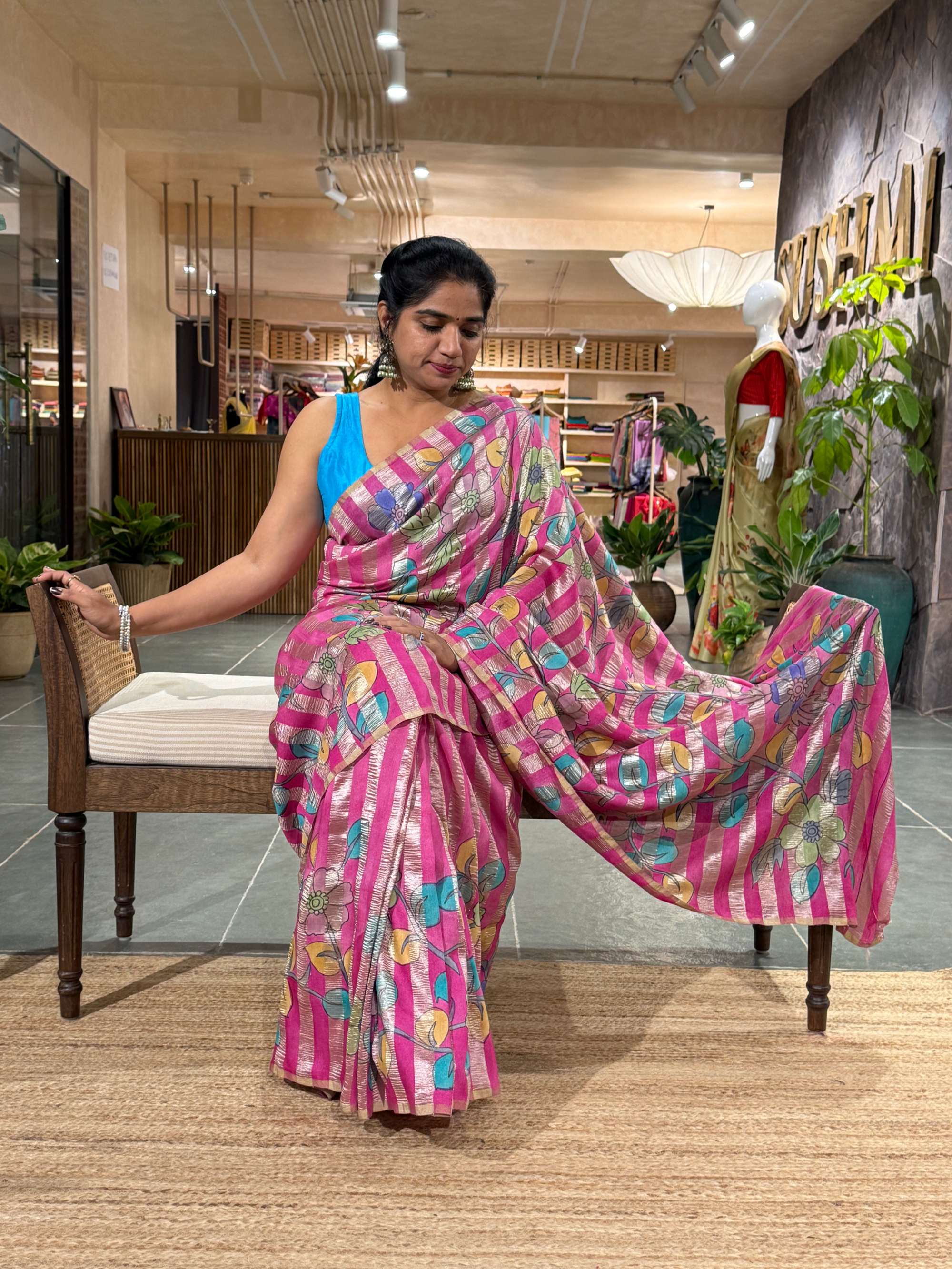 SMTKM1710 Pure Handloom Munga Silk Wth Tissue Stripes & kalamkari Handpainting