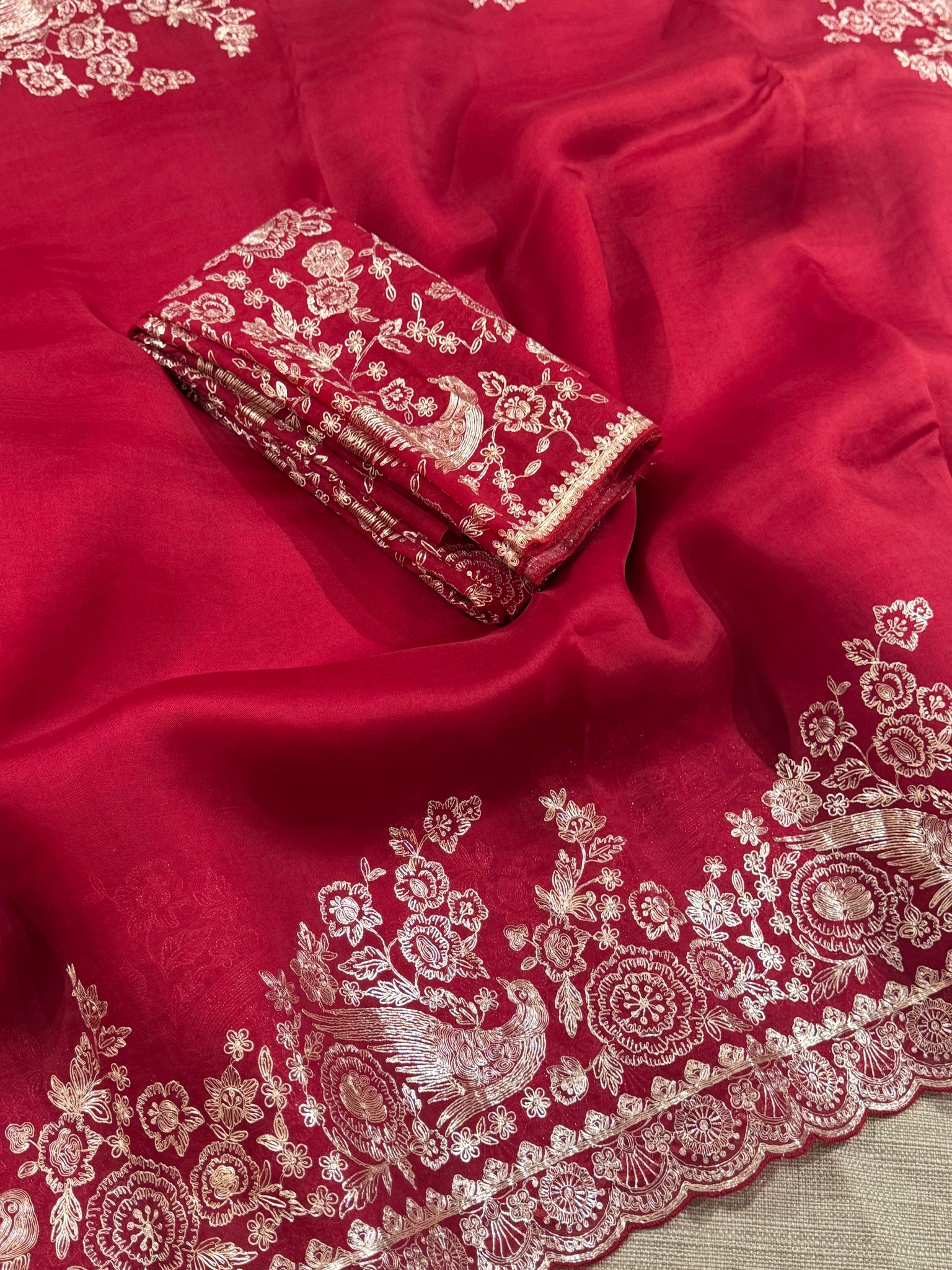 Meroonish Red  Pure organza Saree with pita emb