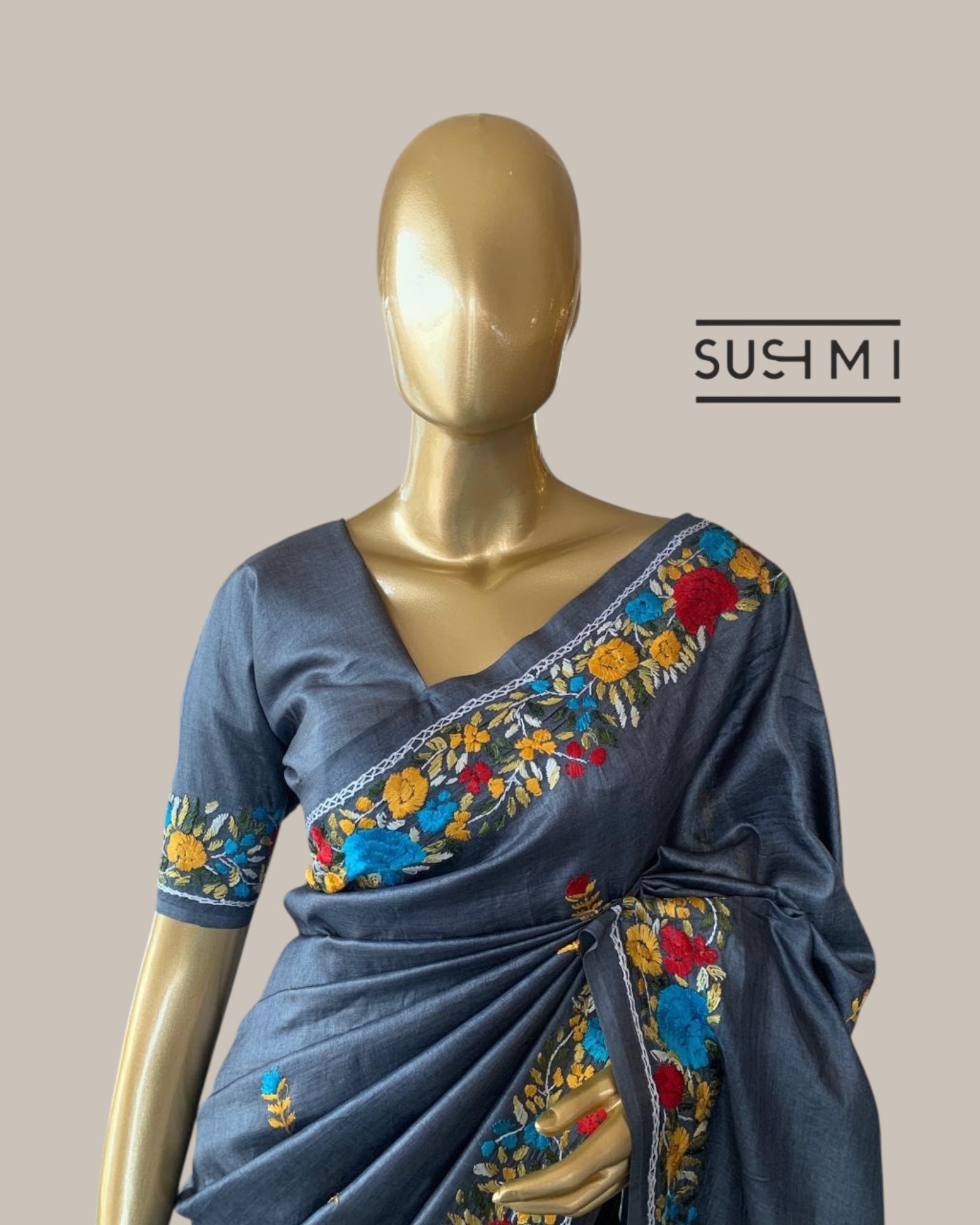 Elephant Grey Pure Tussar Saree with Parsi handwork