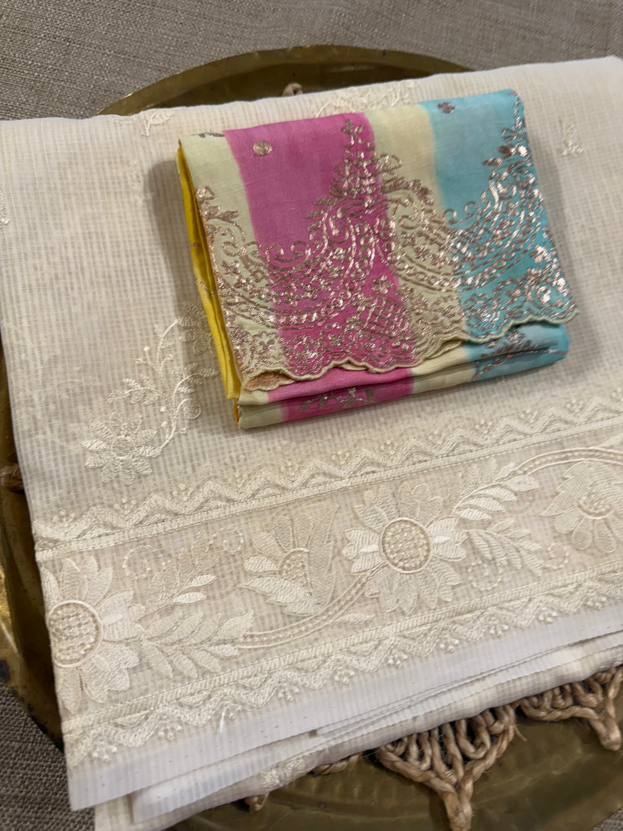 KCCA1910 : Kota Cotton Chikankari Embroidered Saree paired with Fusion Blouses