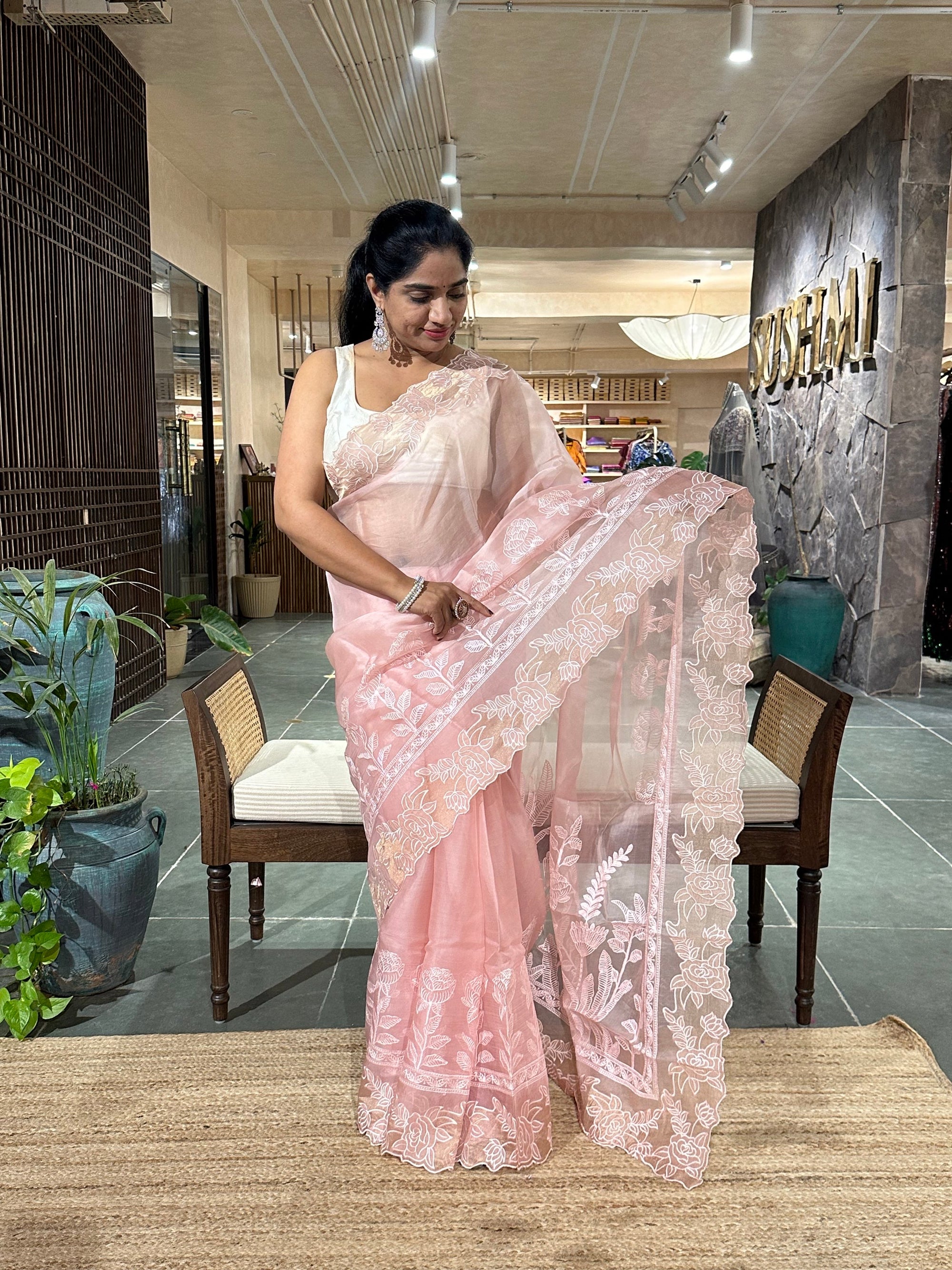 Blush Pink Pure Organza heavy  cutwork embroidered border saree