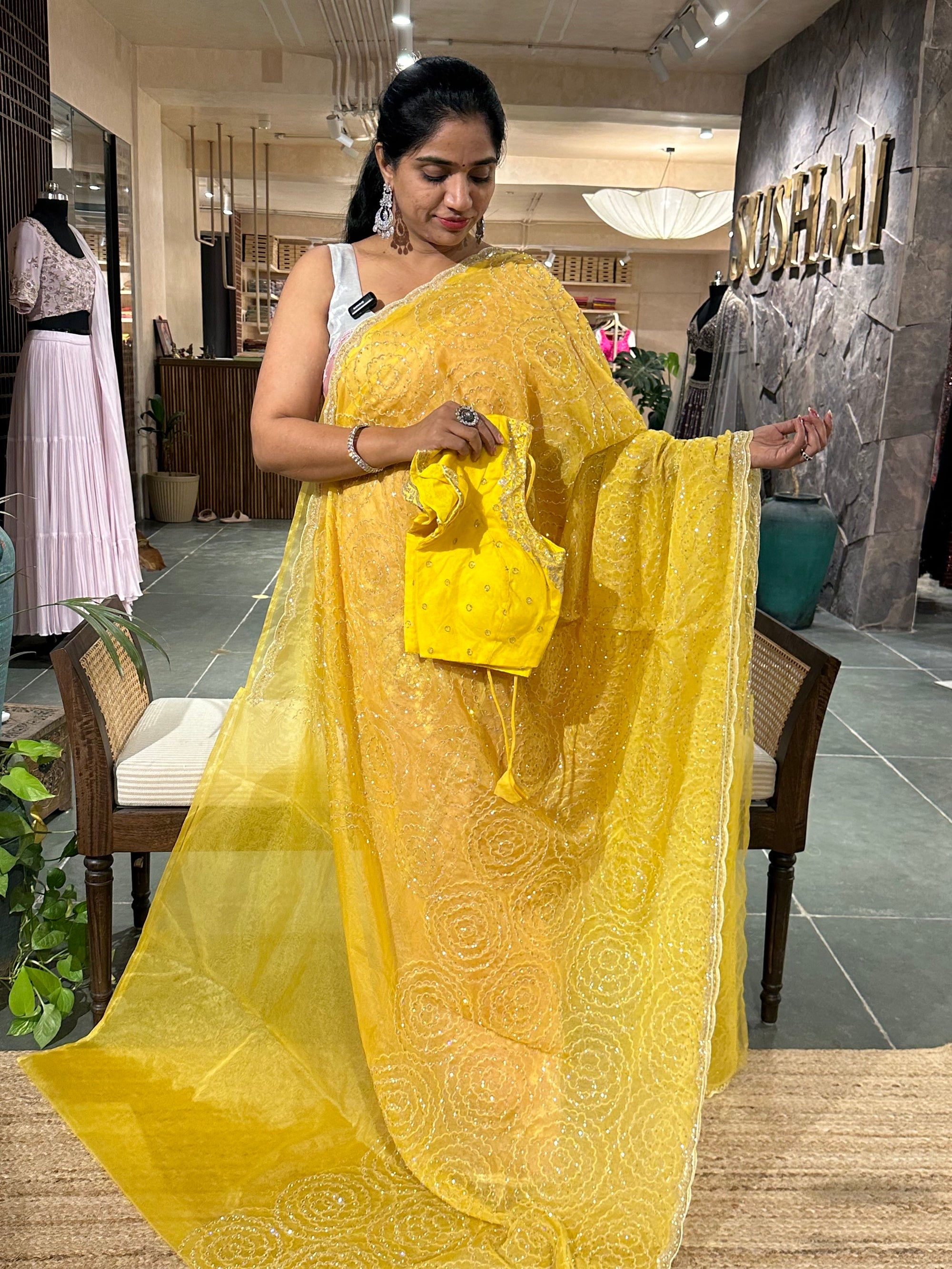 Yellow Organza Cocktail Saree with allover handwork