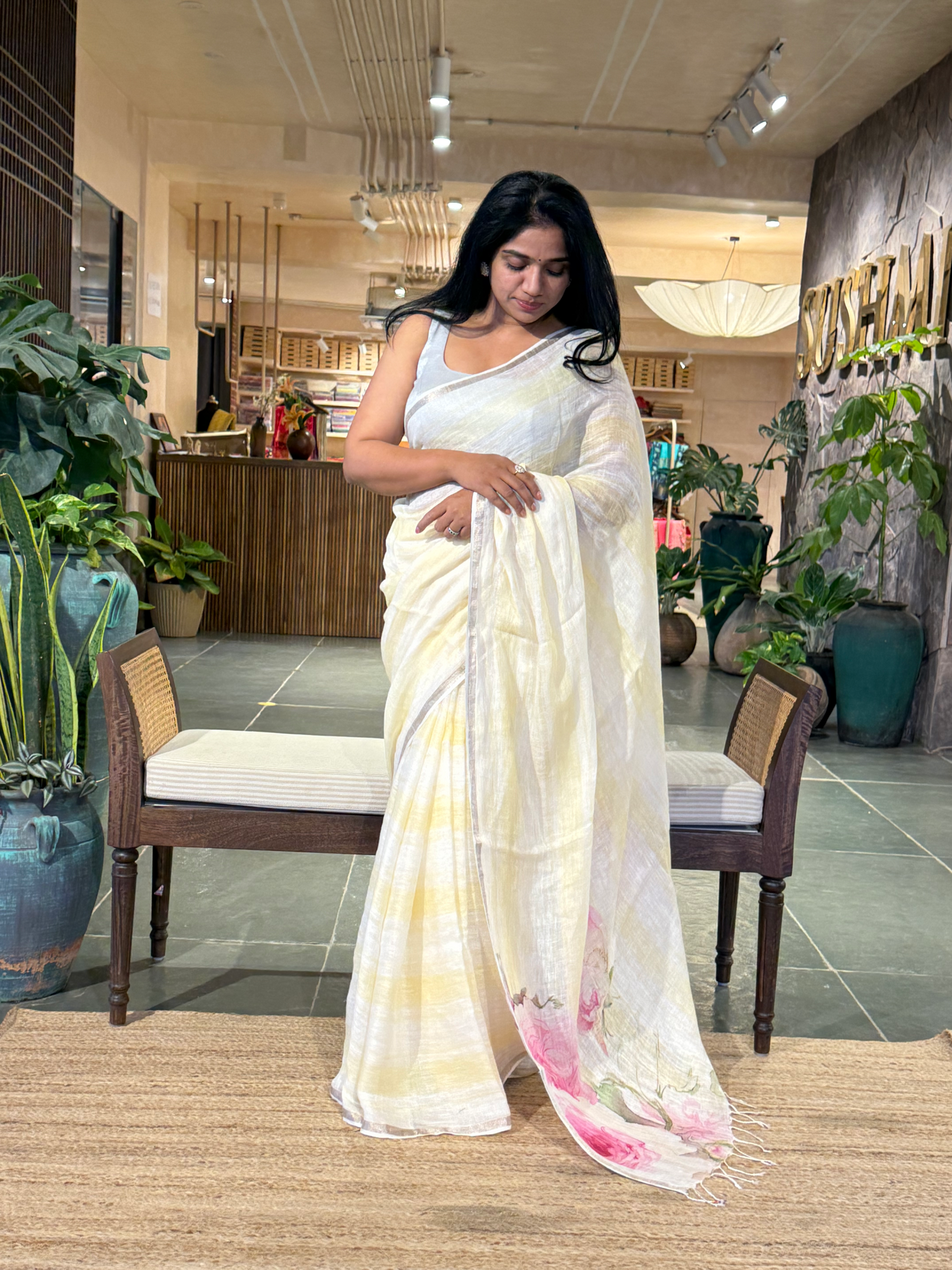 Ivory & Pastel Yellow Handloom Lenin Striped Saree With Statement Flower Pallu