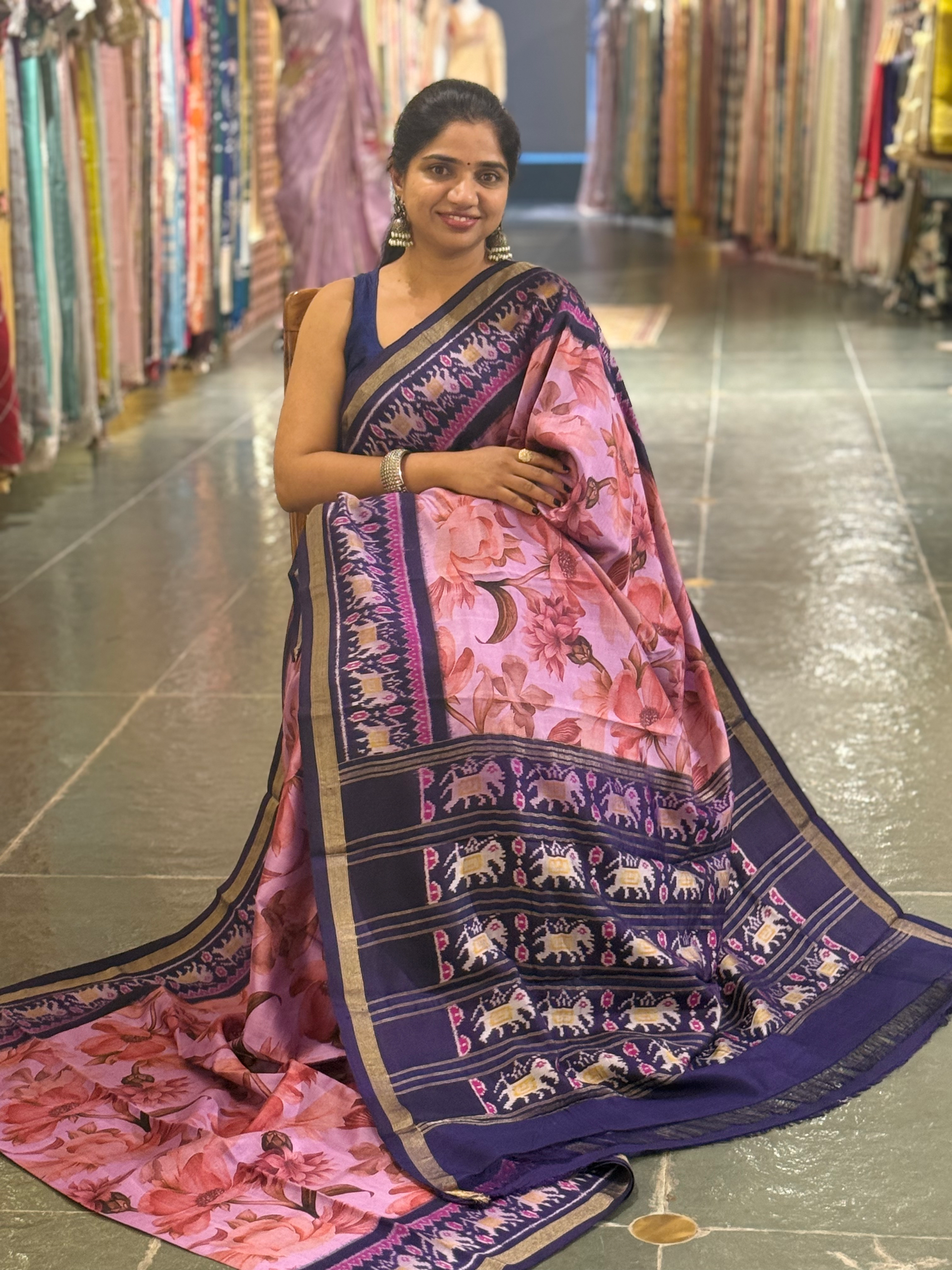 Ikkath Patola Sarees with Pen Kalamkari Style Digital  Prints