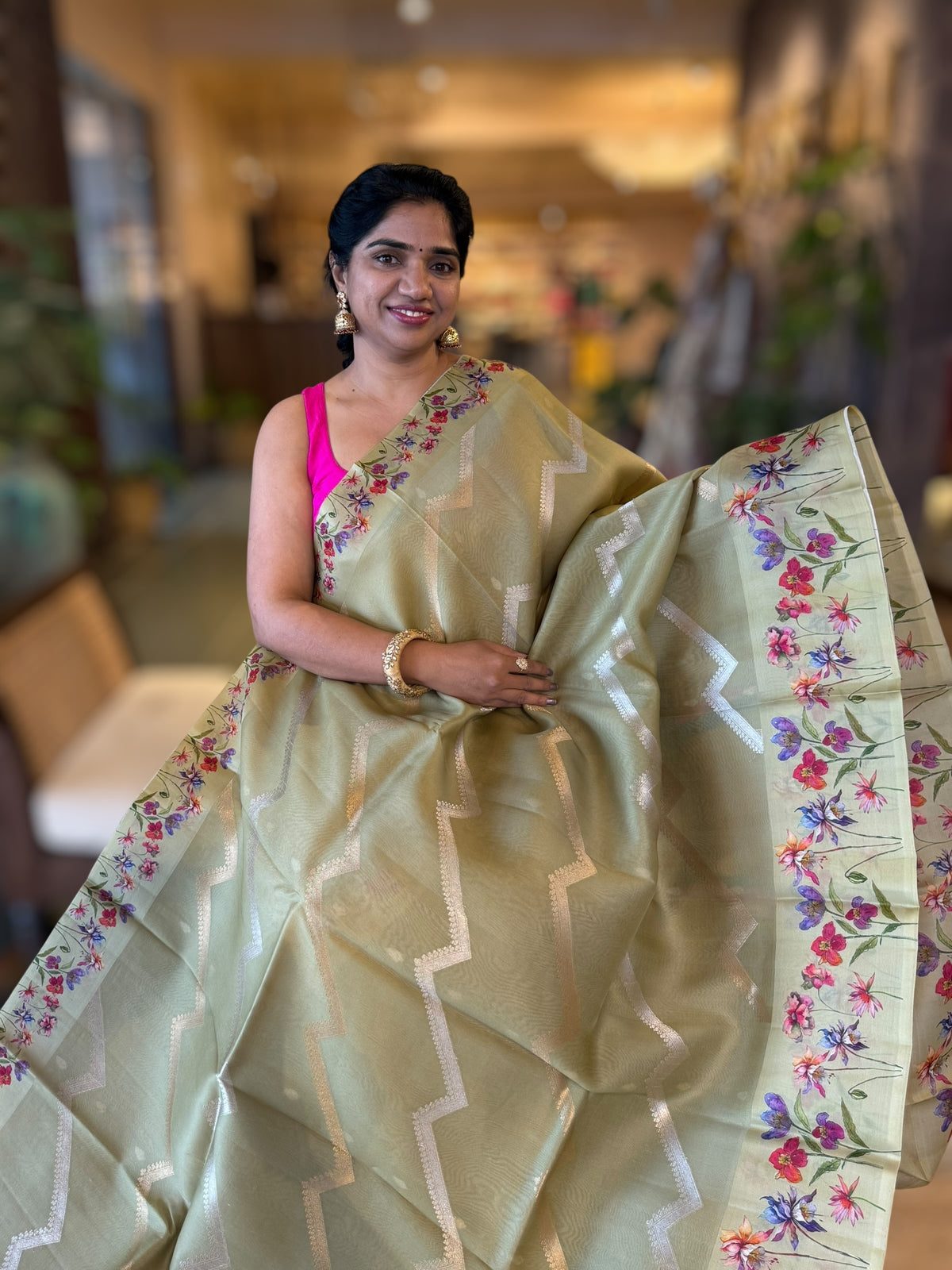 Olive Green Deisgner Premium Handloom Kora Banarasi with Printed Borders